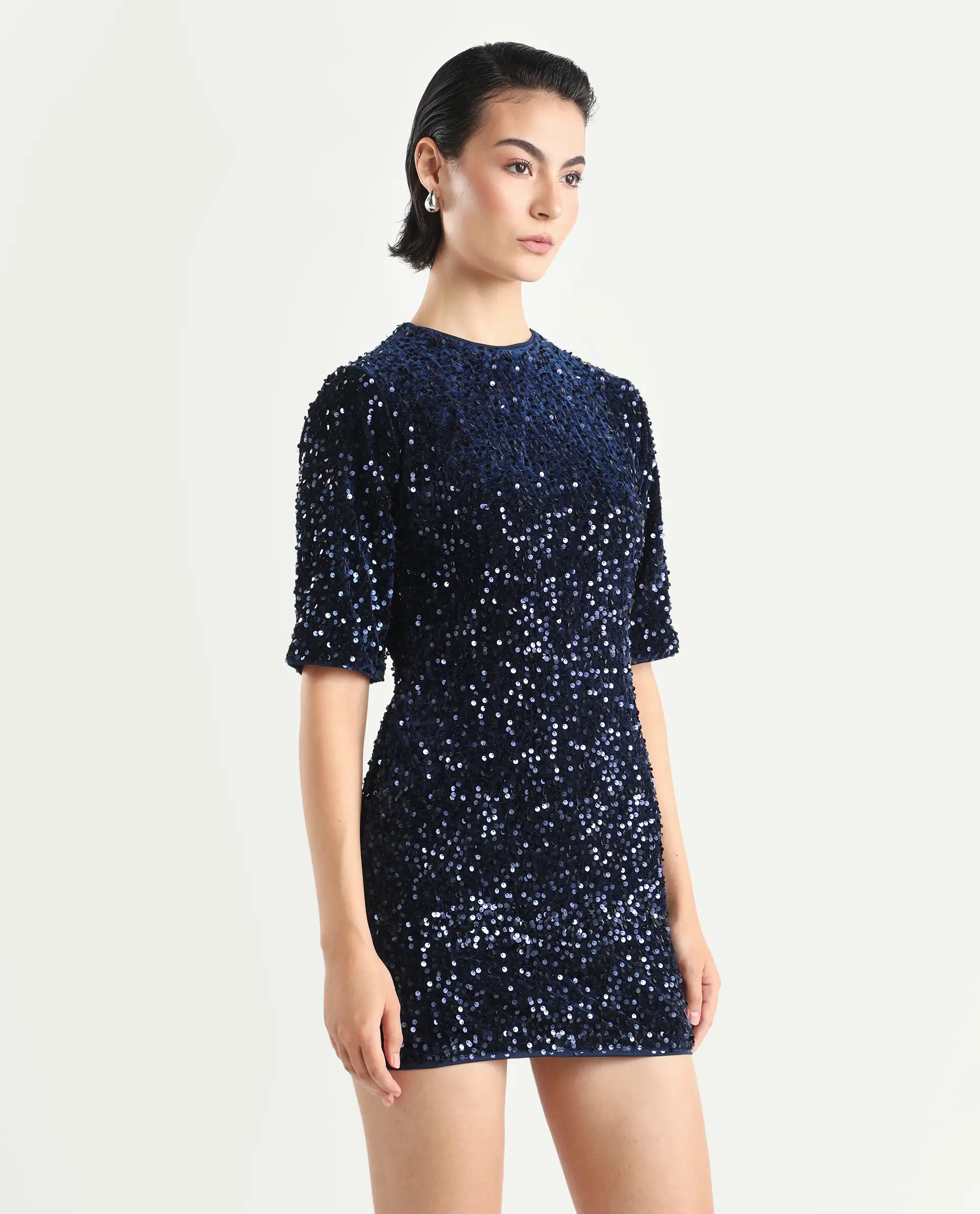 Rareism Women's Tiana Sheen Blue Polyester Crew Neck Sequined Mini A-Line Dress - Image 6