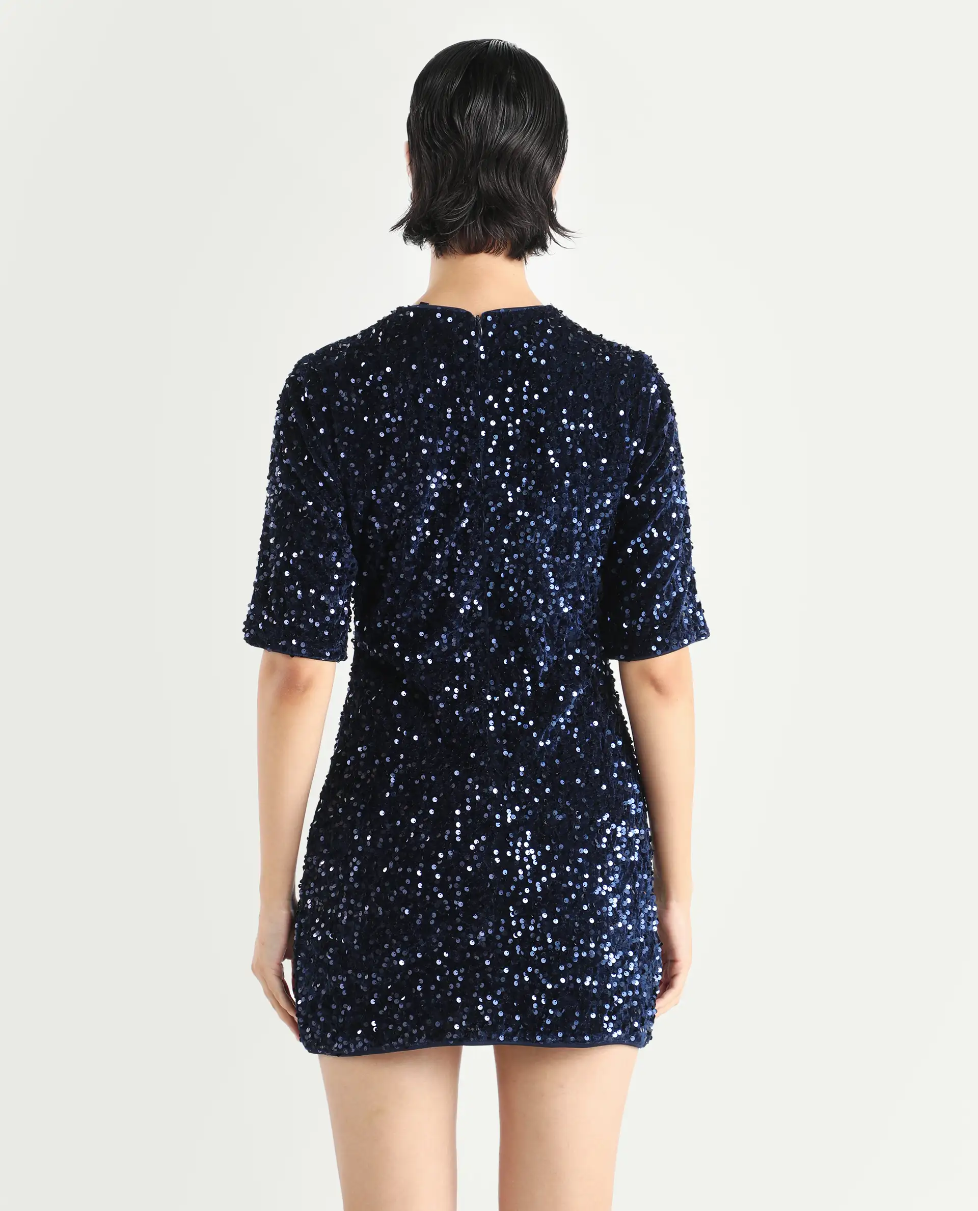 Rareism Women's Tiana Sheen Blue Polyester Crew Neck Sequined Mini A-Line Dress - Image 7