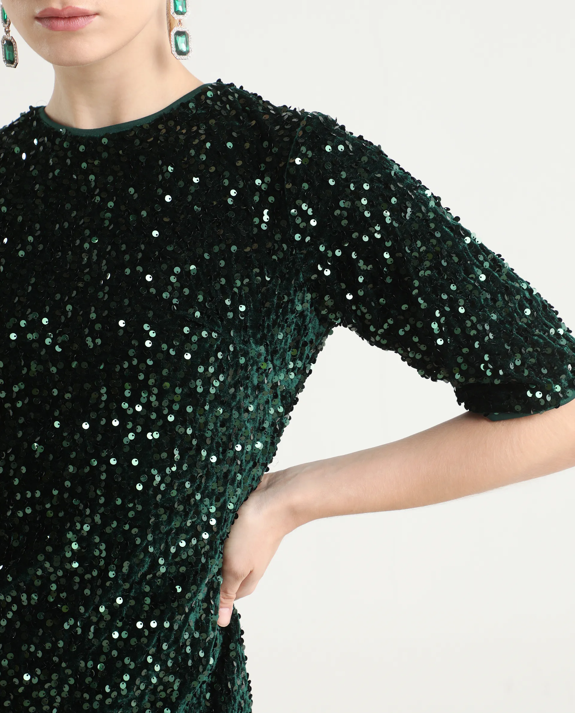 Rareism Women's Tiana Sheen Green Polyester Crew Neck Sequined Mini A-Line Dress - Image 4
