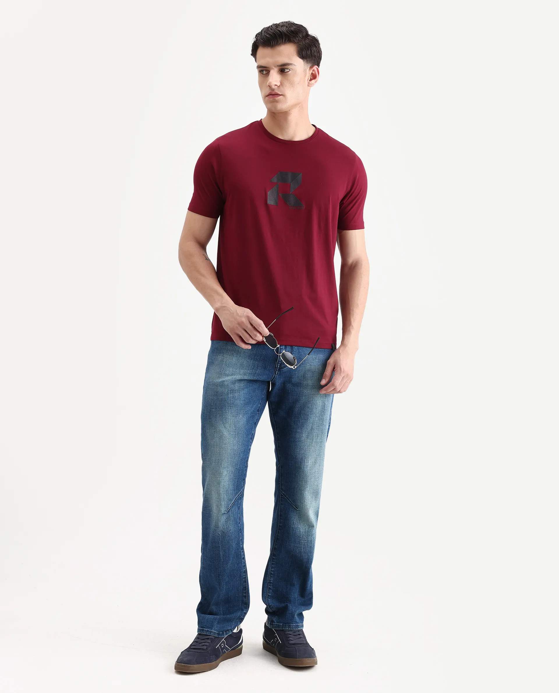 Rare Rabbit Men's Tibo Dark Red Cotton Blend Graphic Print Regular Fit Half Sleeve Crew Neck T-Shirt - Image 2