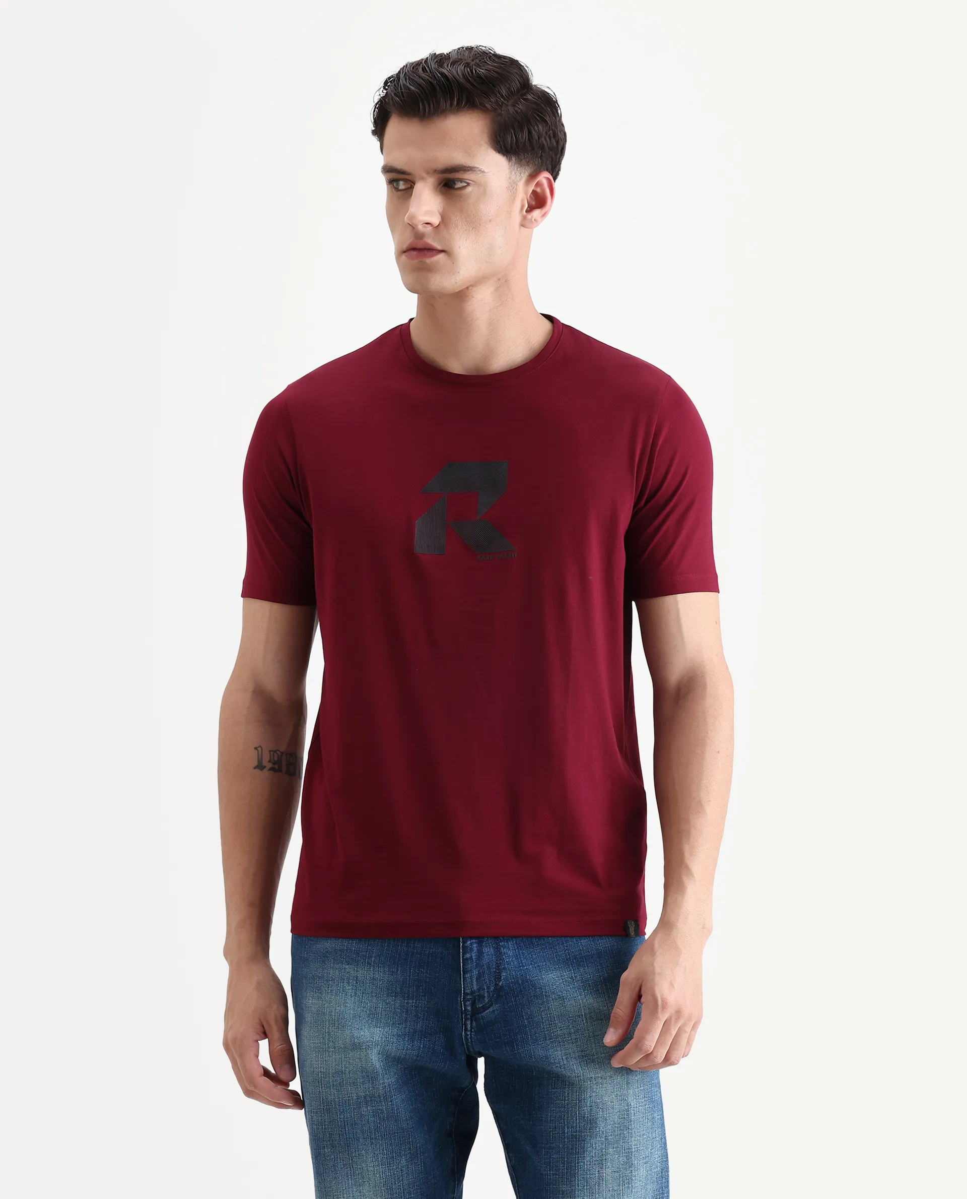 Rare Rabbit Men's Tibo Dark Red Cotton Blend Graphic Print Regular Fit Half Sleeve Crew Neck T-Shirt - Image 4