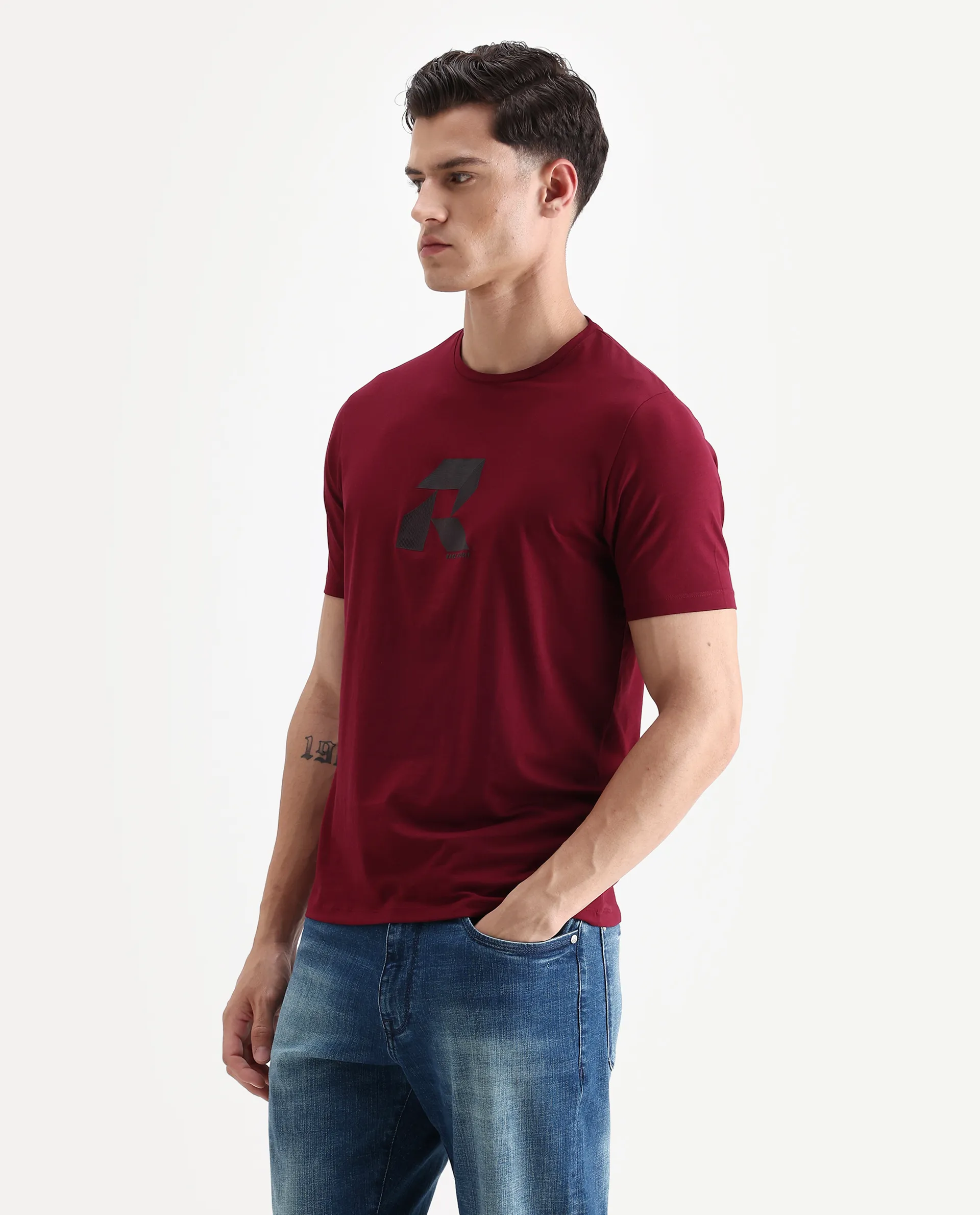 Rare Rabbit Men's Tibo Dark Red Cotton Blend Graphic Print Regular Fit Half Sleeve Crew Neck T-Shirt - Image 5