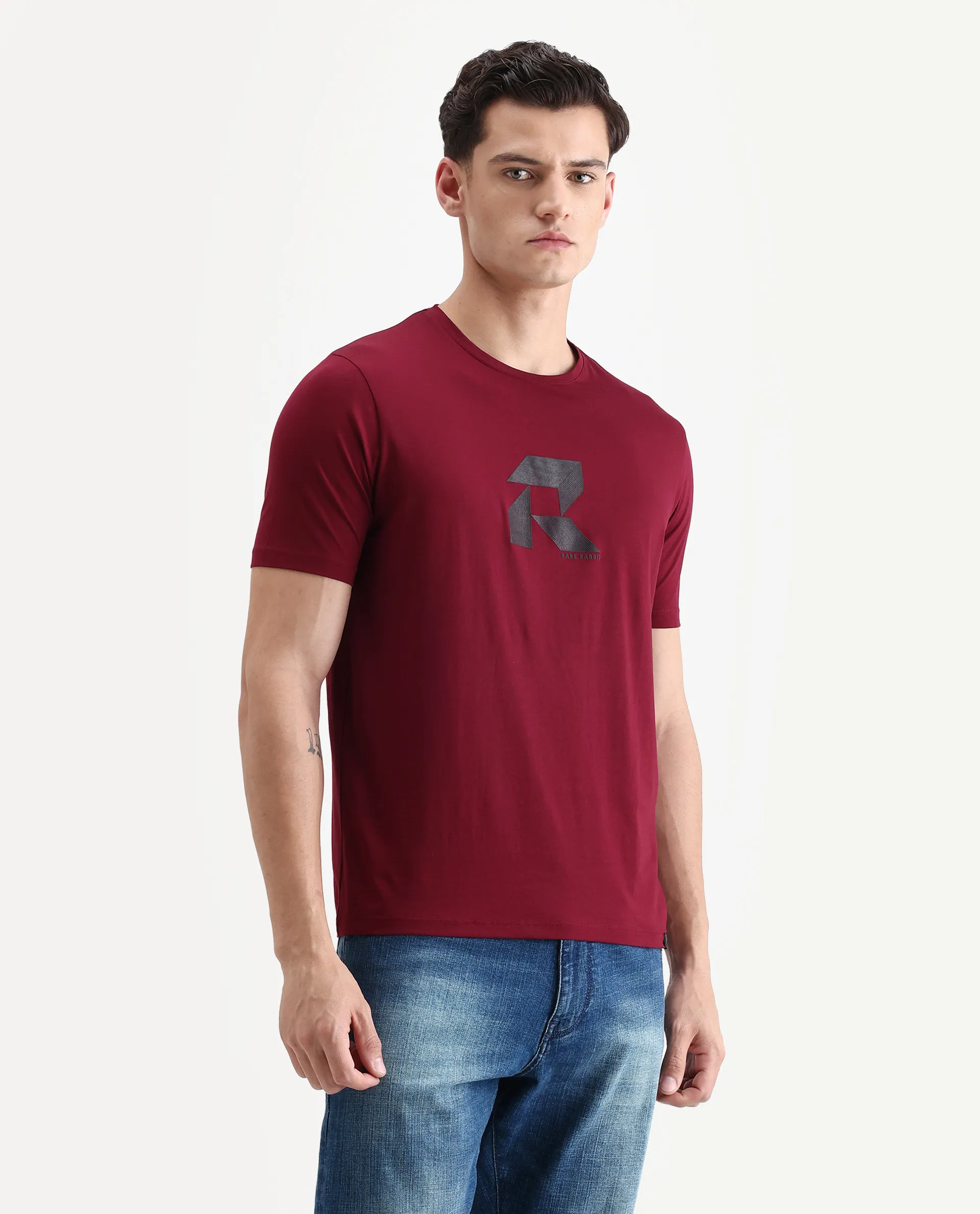 Rare Rabbit Men's Tibo Dark Red Cotton Blend Graphic Print Regular Fit Half Sleeve Crew Neck T-Shirt - Image 6