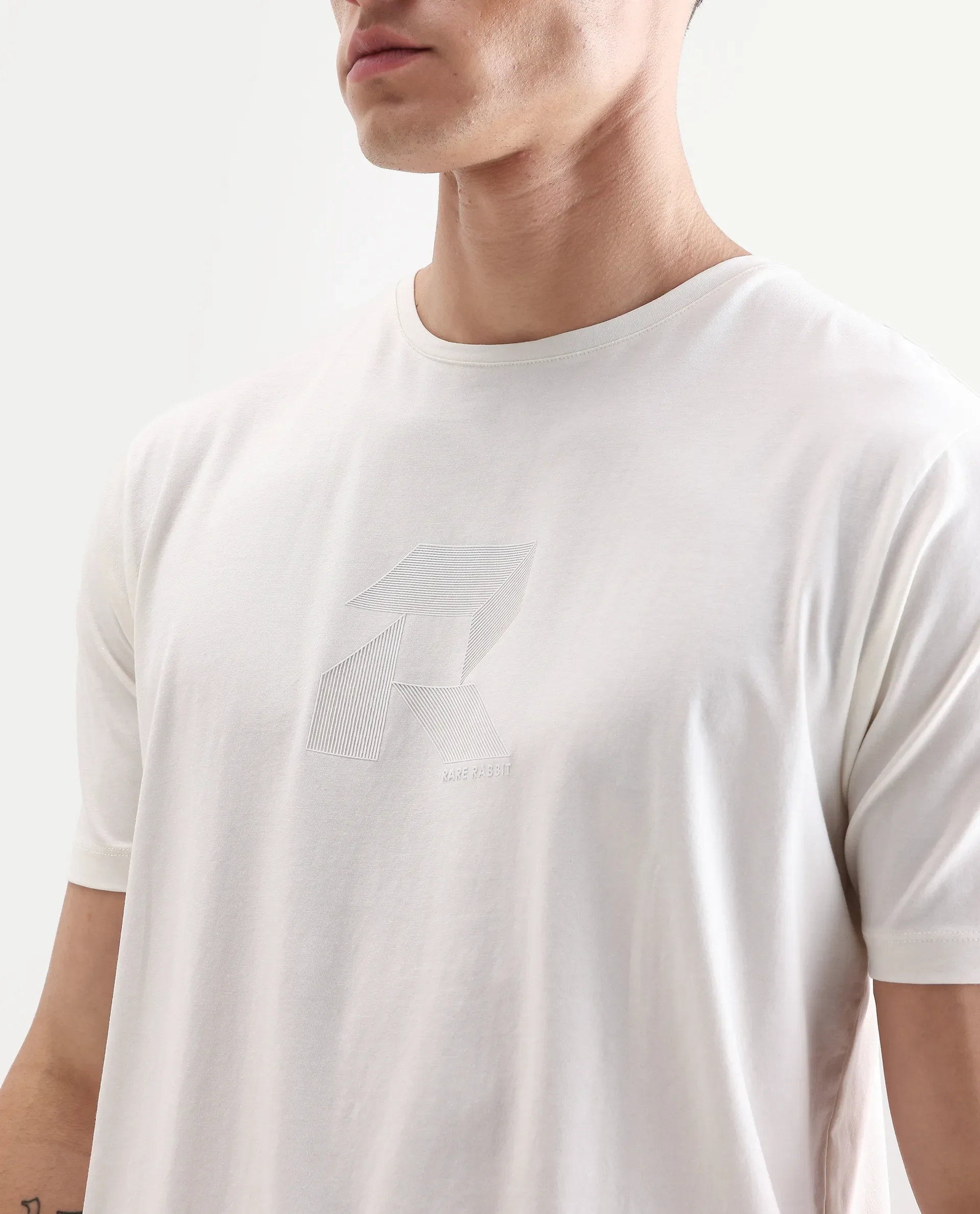 Rare Rabbit Men's Tibo Off White Cotton Blend Graphic Print Regular Fit Half Sleeve Crew Neck T-Shirt - Image 3