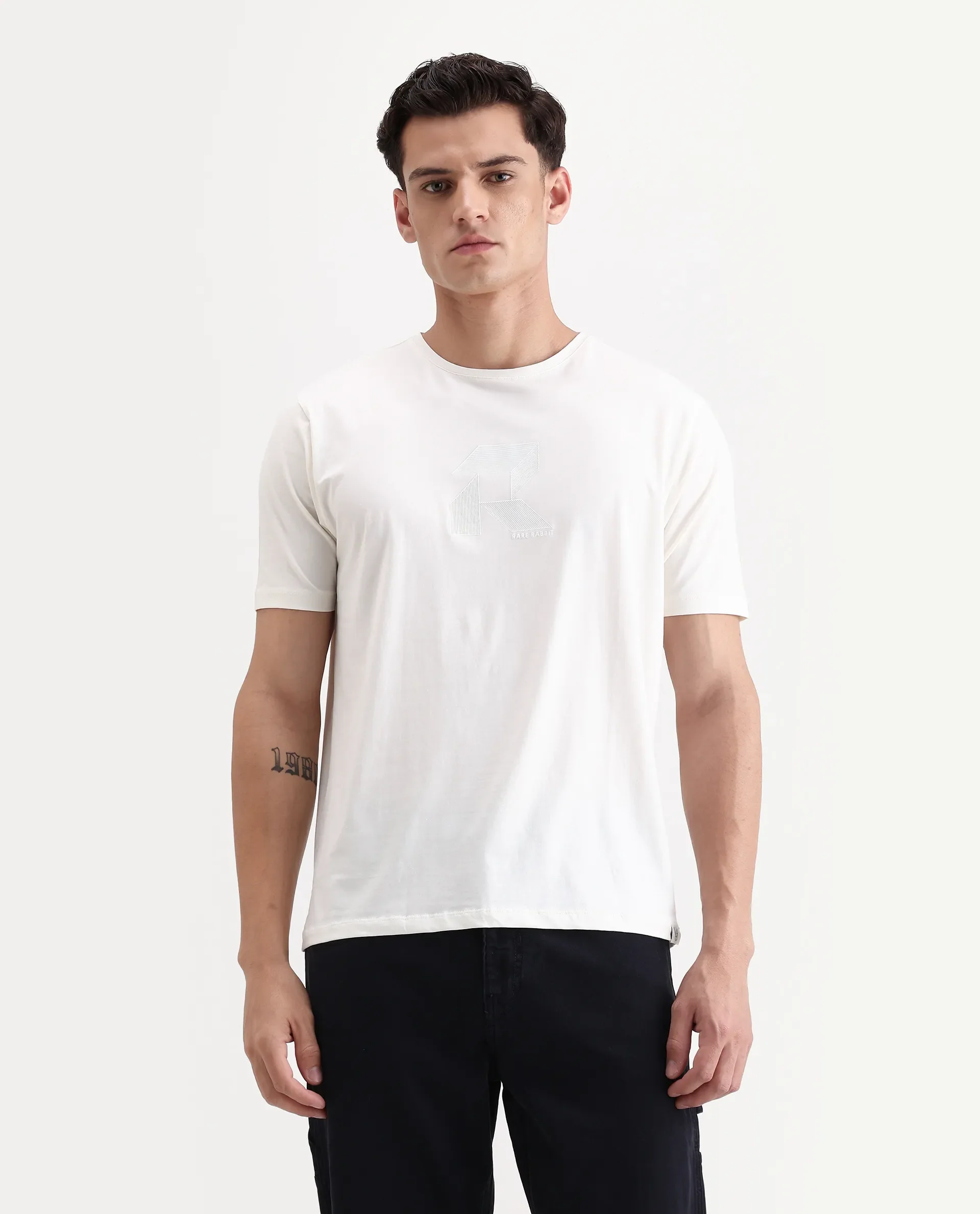 Rare Rabbit Men's Tibo Off White Cotton Blend Graphic Print Regular Fit Half Sleeve Crew Neck T-Shirt - Image 4