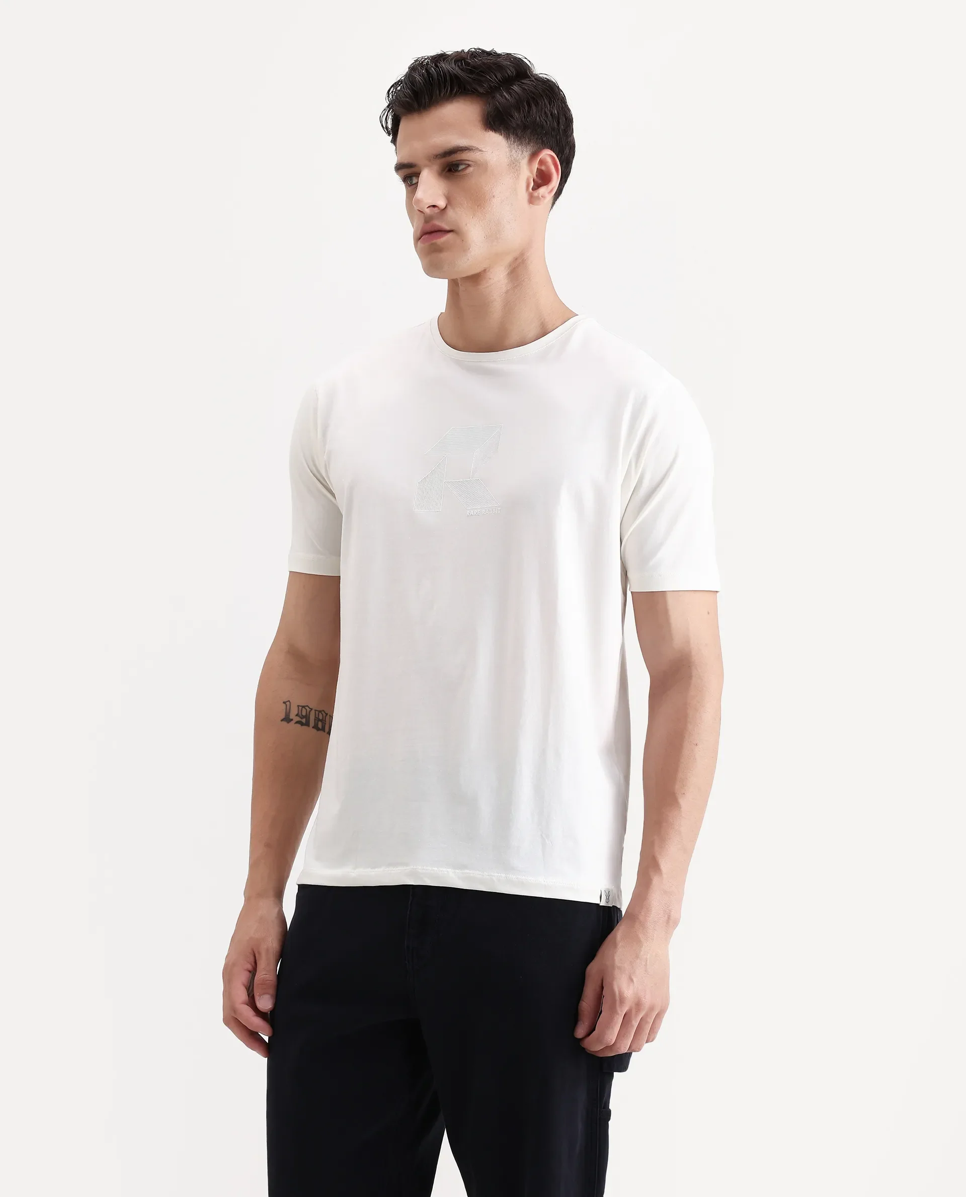 Rare Rabbit Men's Tibo Off White Cotton Blend Graphic Print Regular Fit Half Sleeve Crew Neck T-Shirt - Image 5