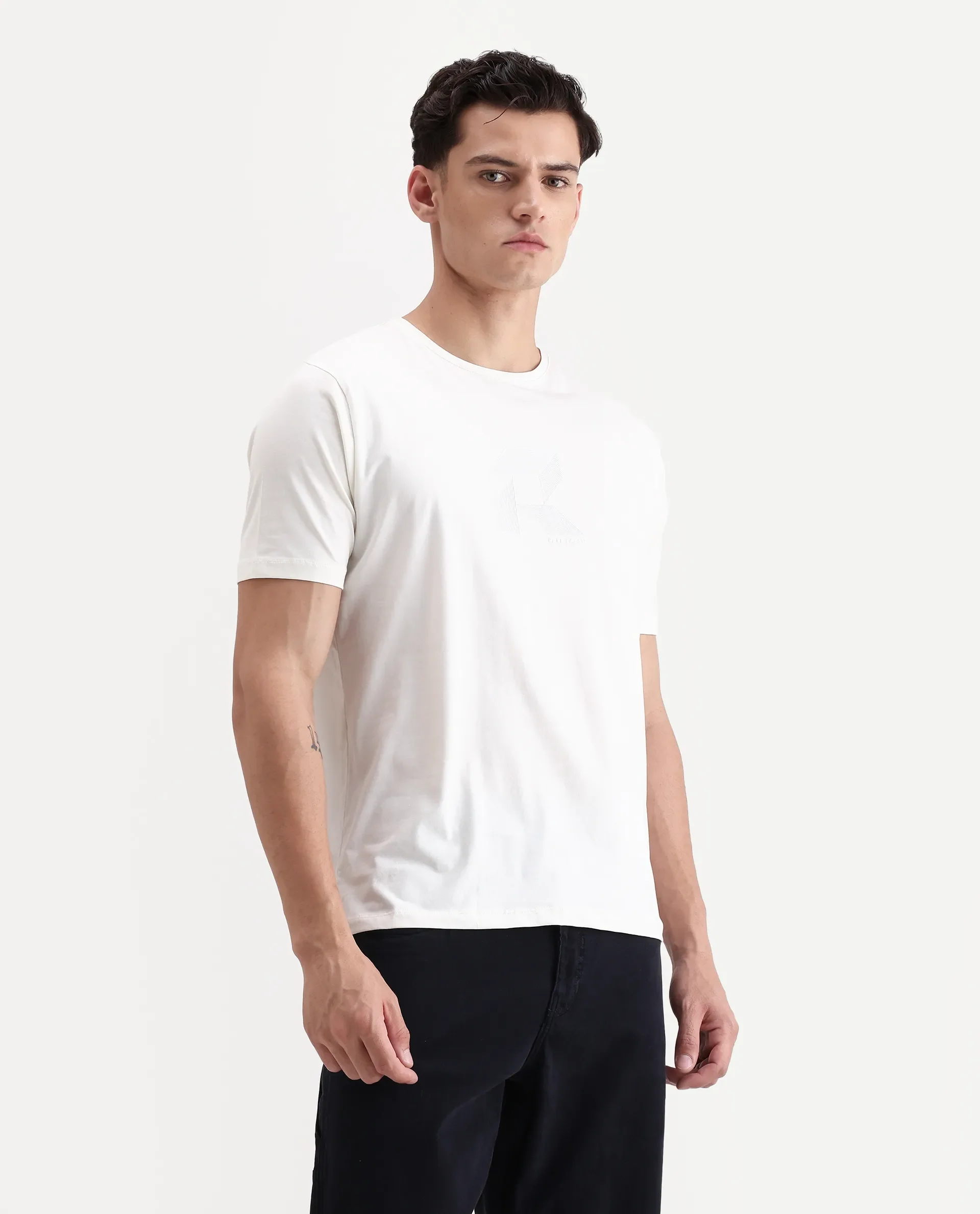 Rare Rabbit Men's Tibo Off White Cotton Blend Graphic Print Regular Fit Half Sleeve Crew Neck T-Shirt - Image 6