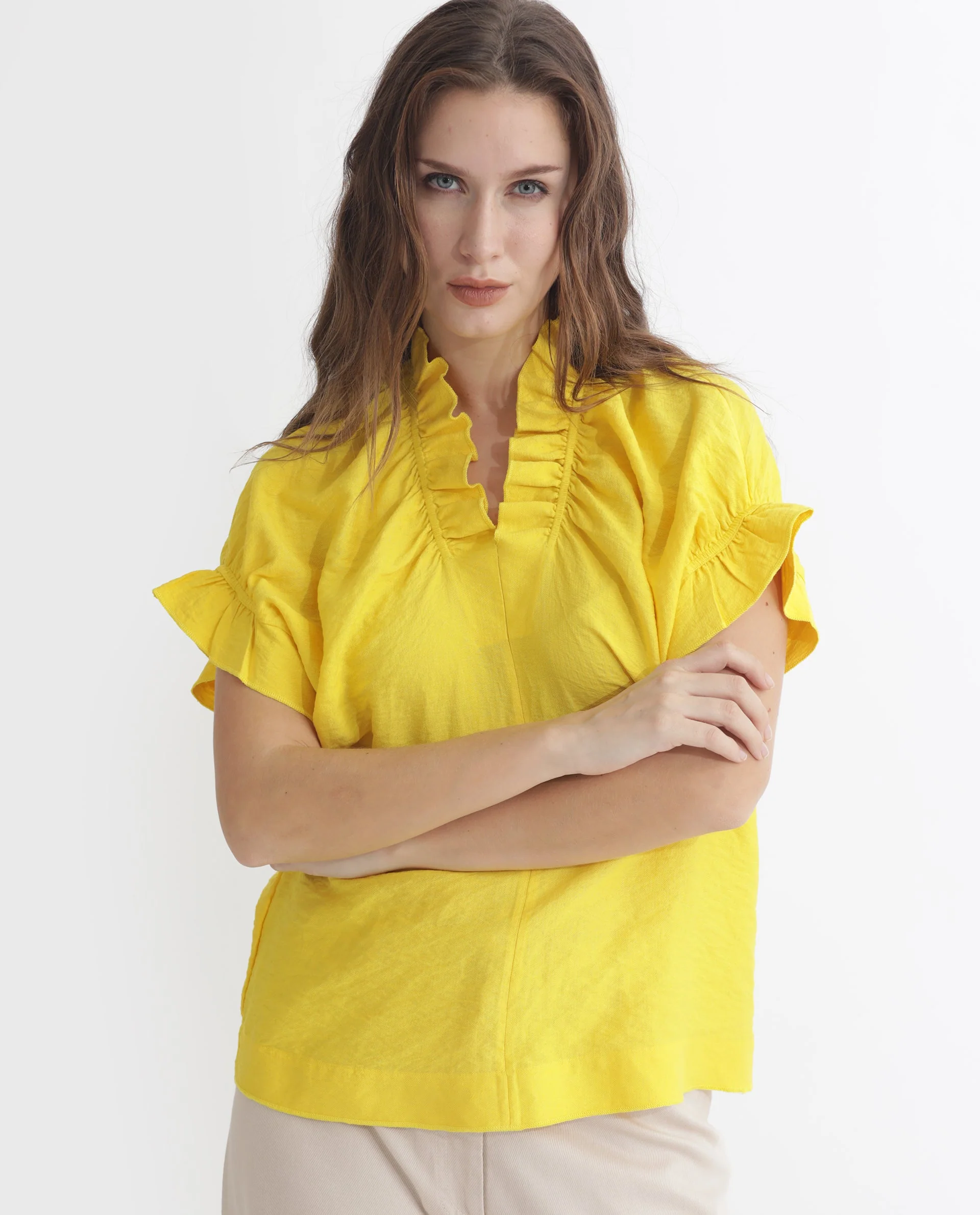 Rareism Women's Tich Yellow Polyester Sweetheart Neck Plain Ruffled Sleeve Regular Fit Top