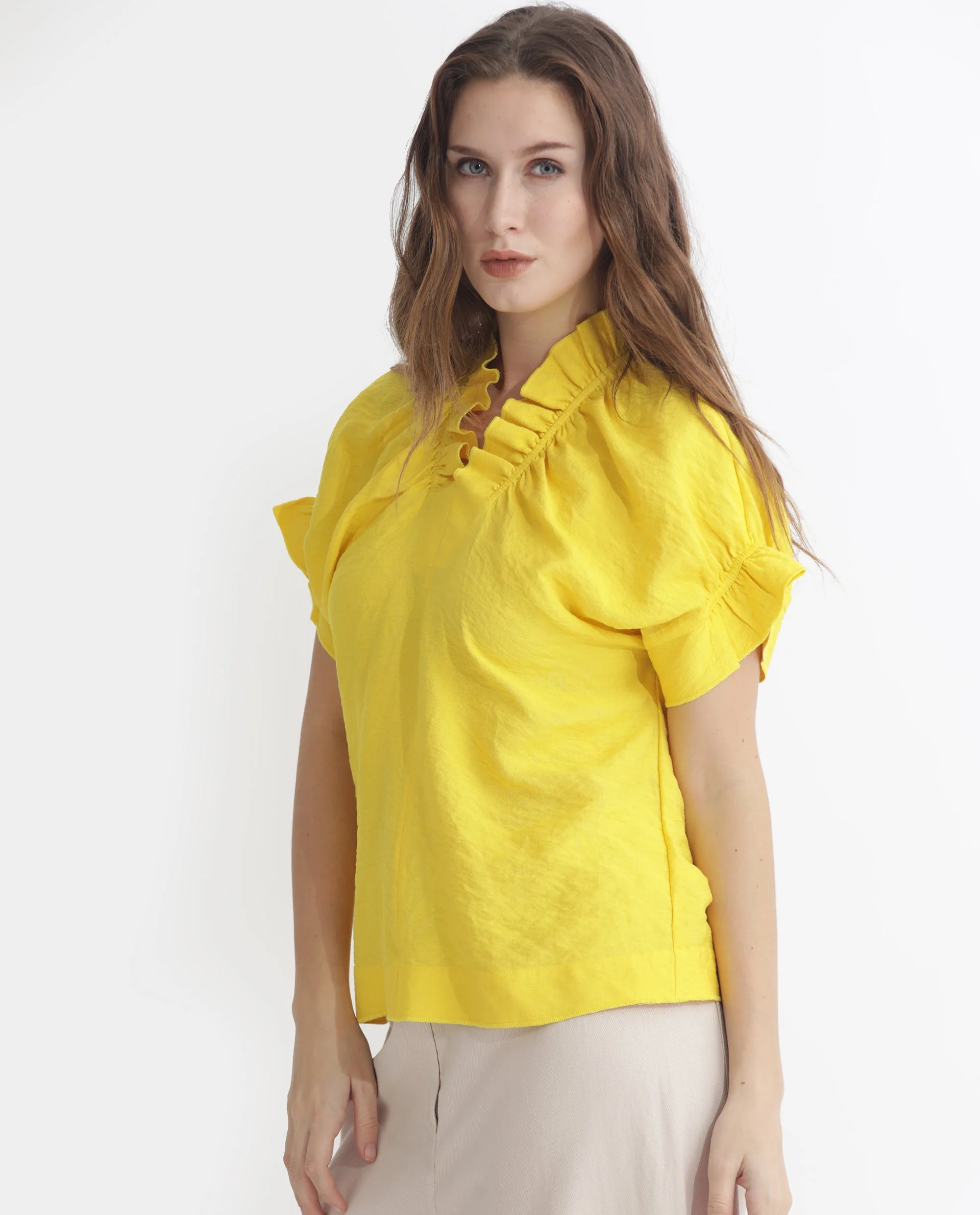 Rareism Women's Tich Yellow Polyester Sweetheart Neck Plain Ruffled Sleeve Regular Fit Top - Image 2