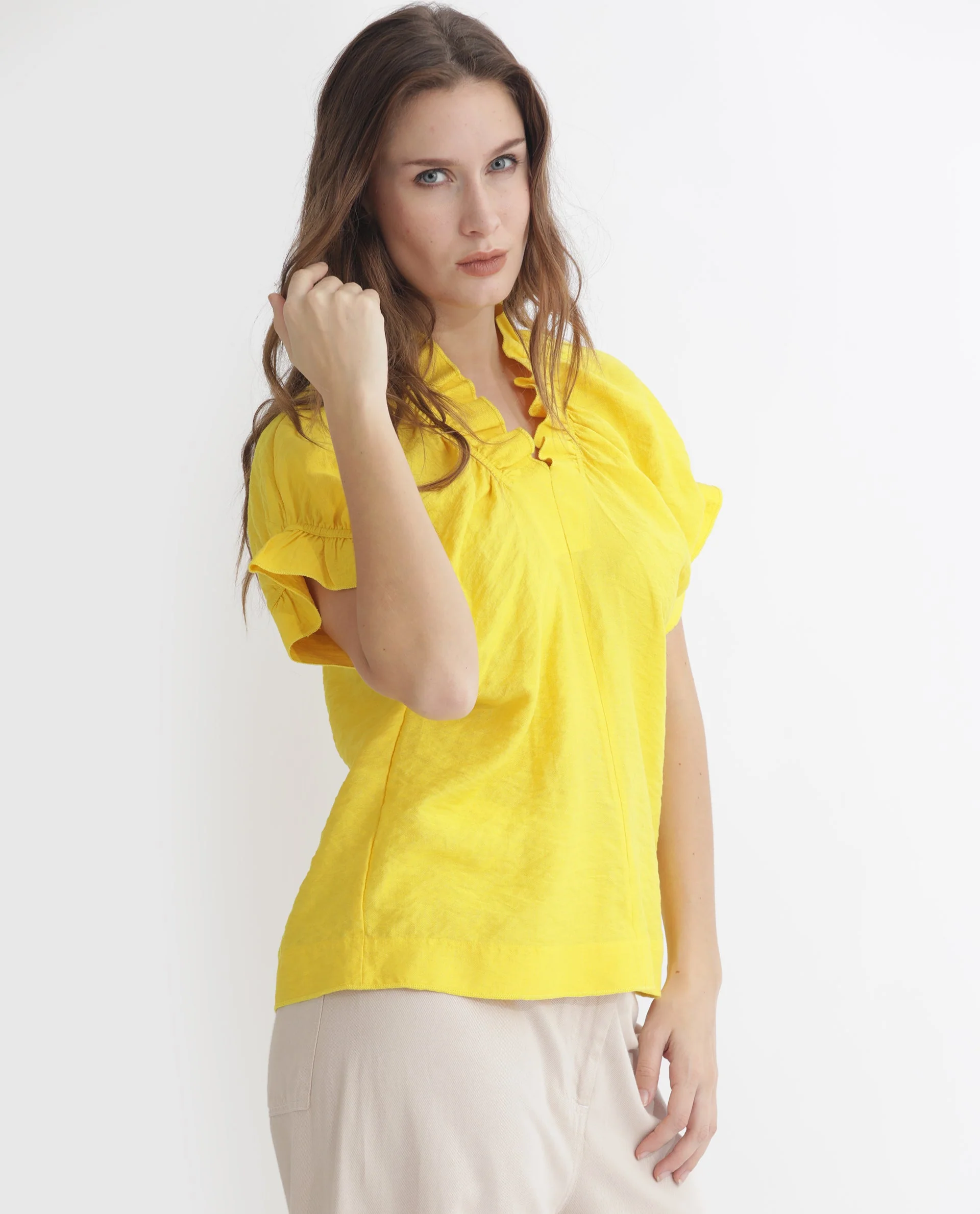 Rareism Women's Tich Yellow Polyester Sweetheart Neck Plain Ruffled Sleeve Regular Fit Top - Image 3