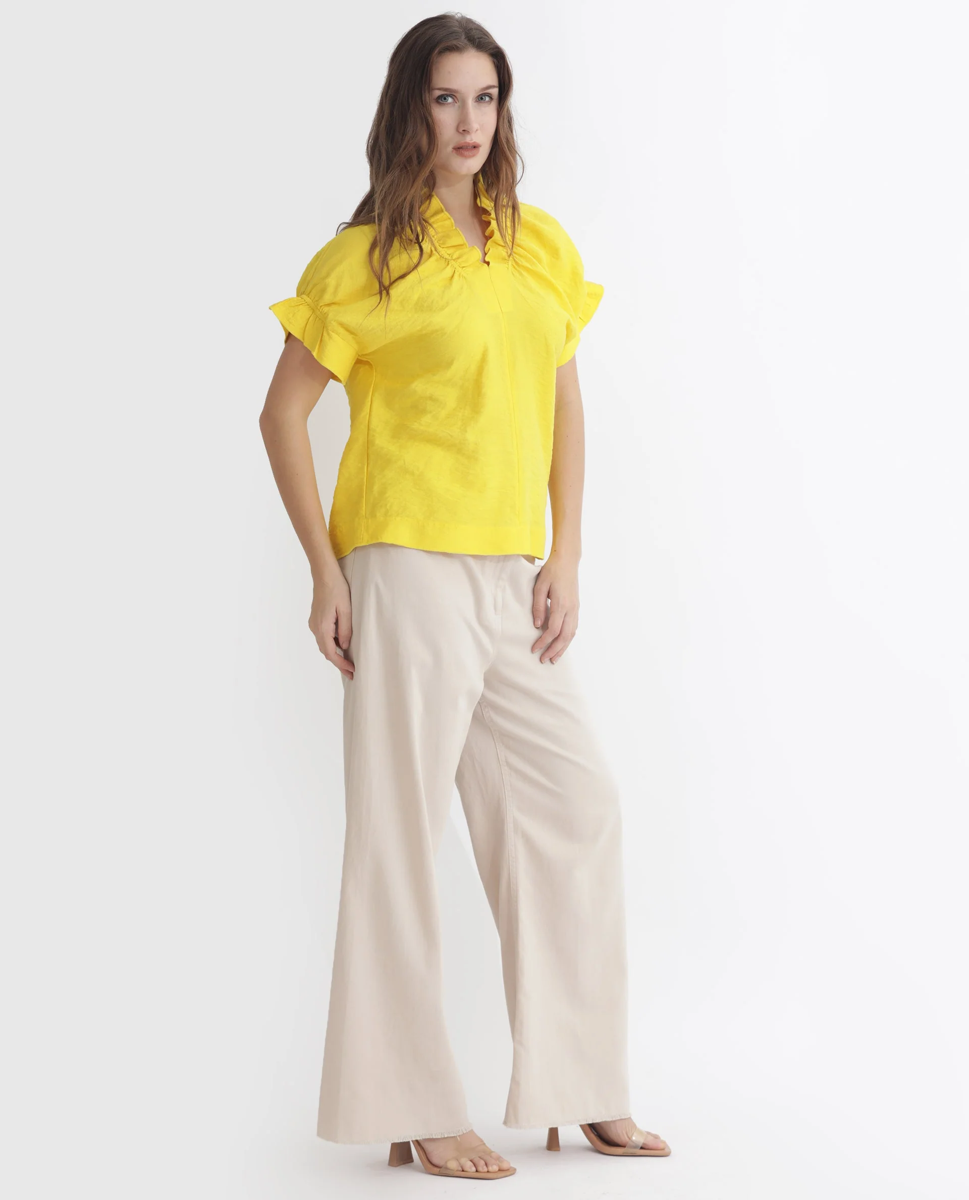 Rareism Women's Tich Yellow Polyester Sweetheart Neck Plain Ruffled Sleeve Regular Fit Top - Image 4