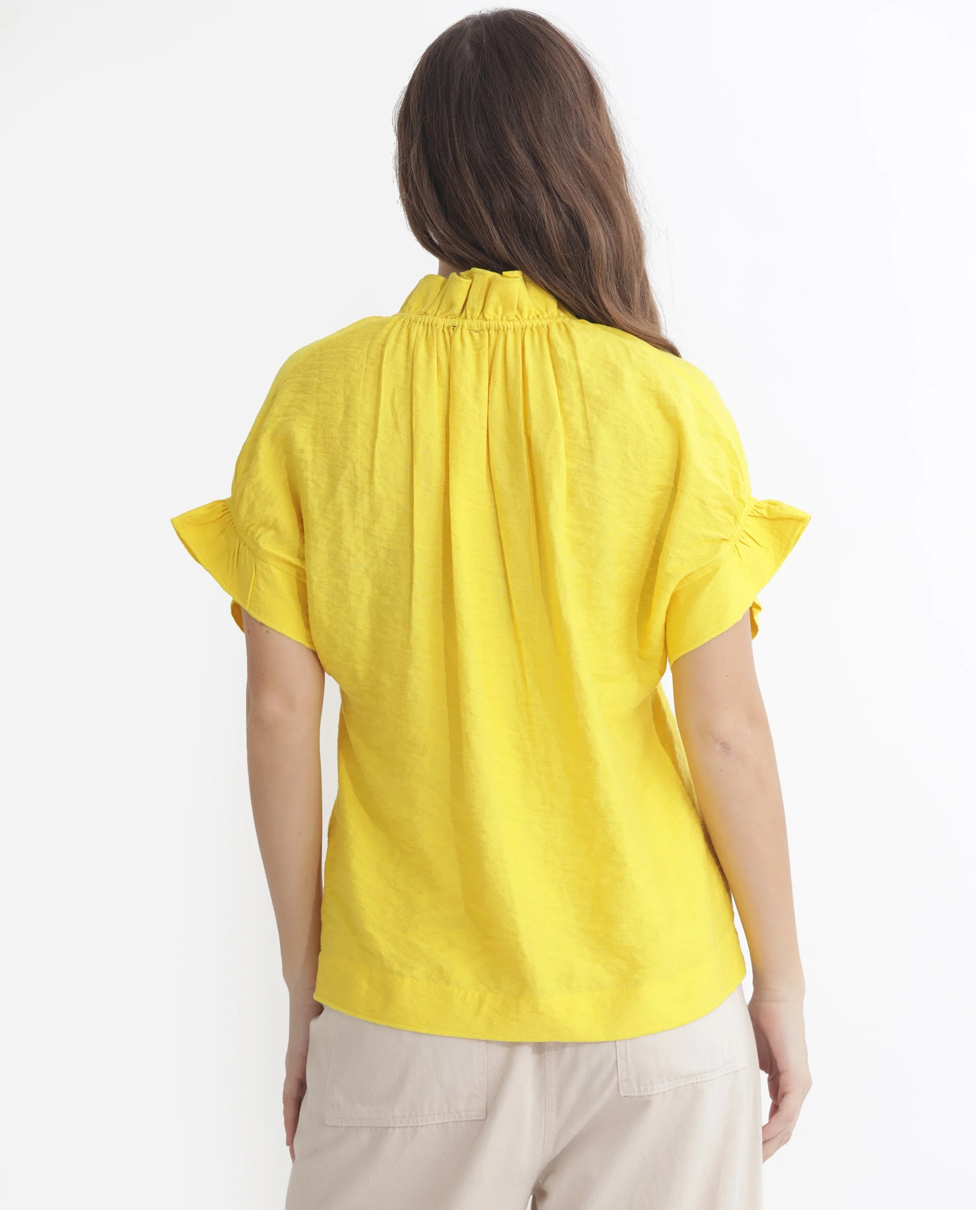 Rareism Women's Tich Yellow Polyester Sweetheart Neck Plain Ruffled Sleeve Regular Fit Top - Image 5
