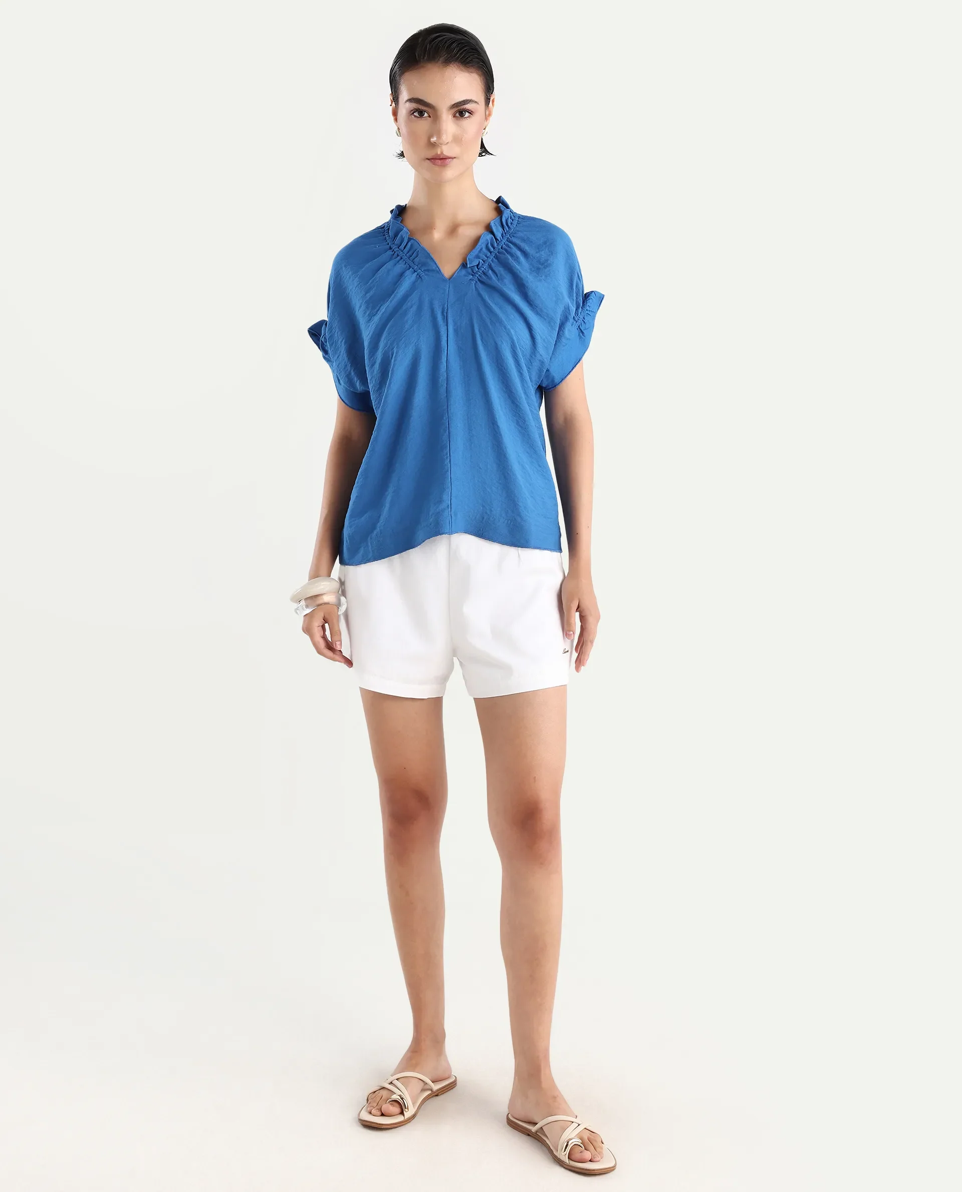 Rareism Women's Tichi Blue Viscose Blend V-Neck Plain Extended Sleeves Regular Fit Top - Image 2