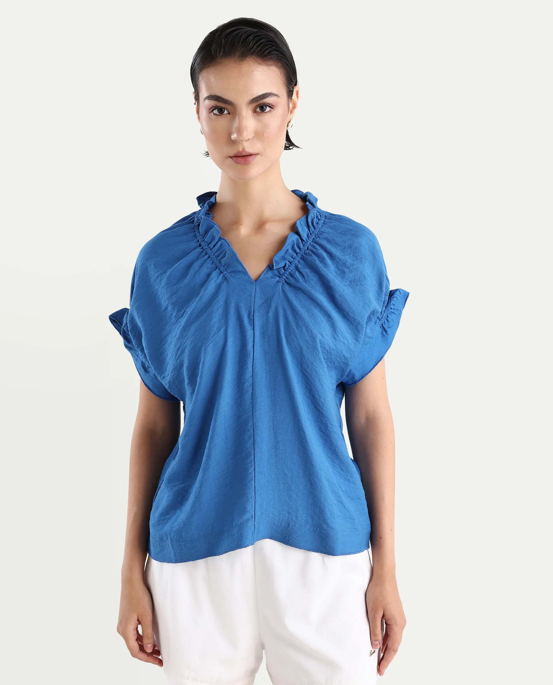 Rareism Women's Tichi Blue Viscose Blend V-Neck Plain Extended Sleeves Regular Fit Top - Image 3