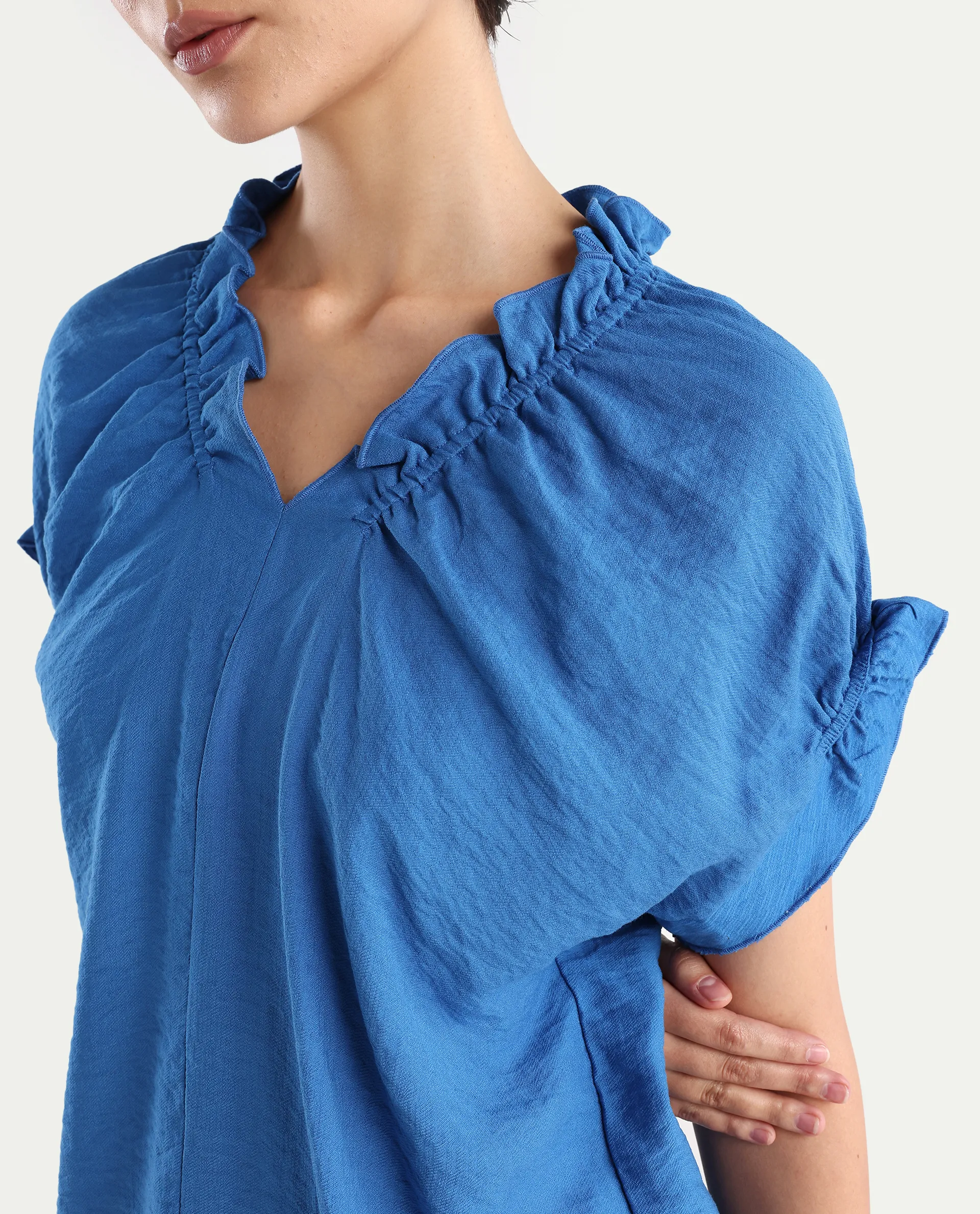 Rareism Women's Tichi Blue Viscose Blend V-Neck Plain Extended Sleeves Regular Fit Top - Image 4