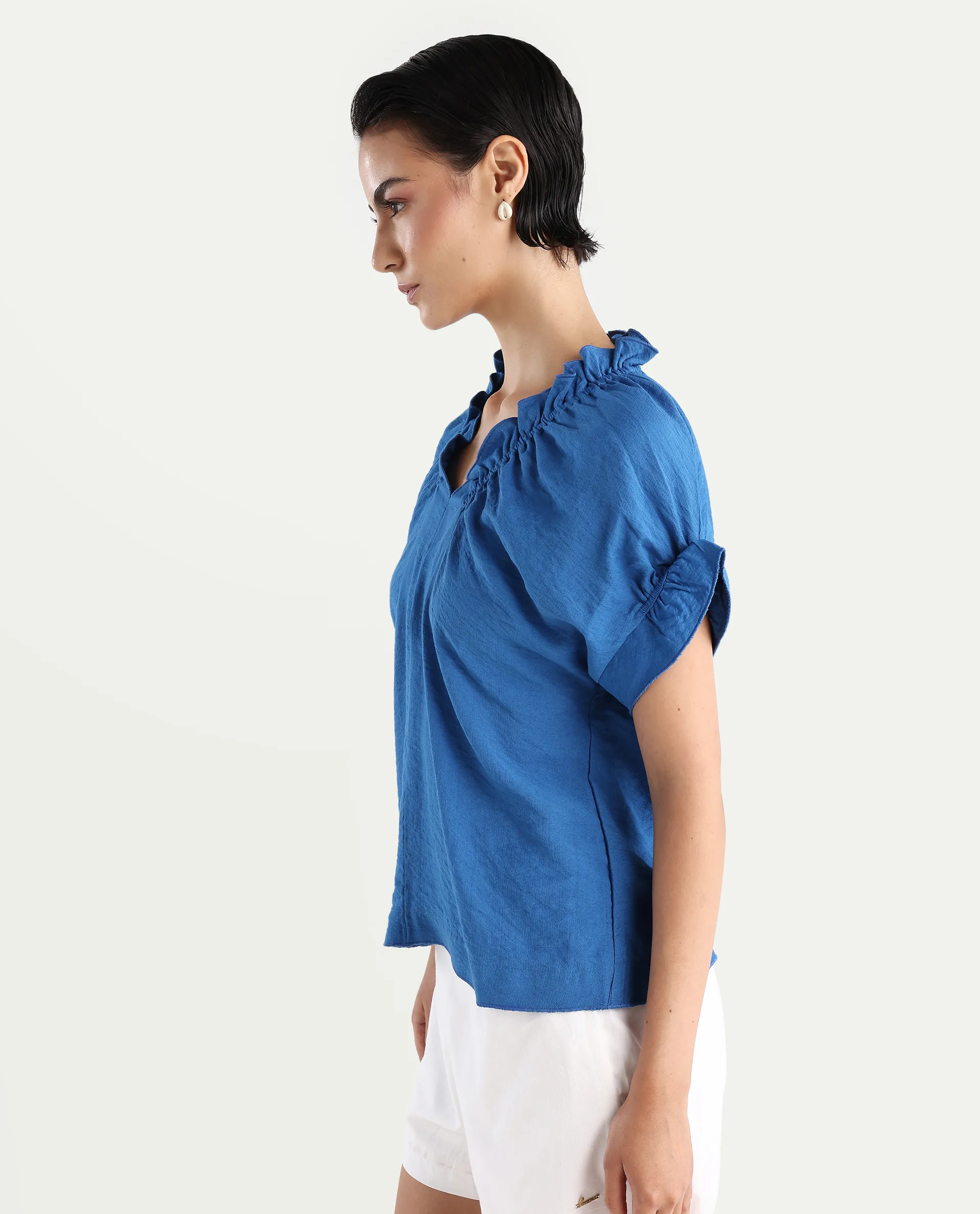 Rareism Women's Tichi Blue Viscose Blend V-Neck Plain Extended Sleeves Regular Fit Top - Image 5