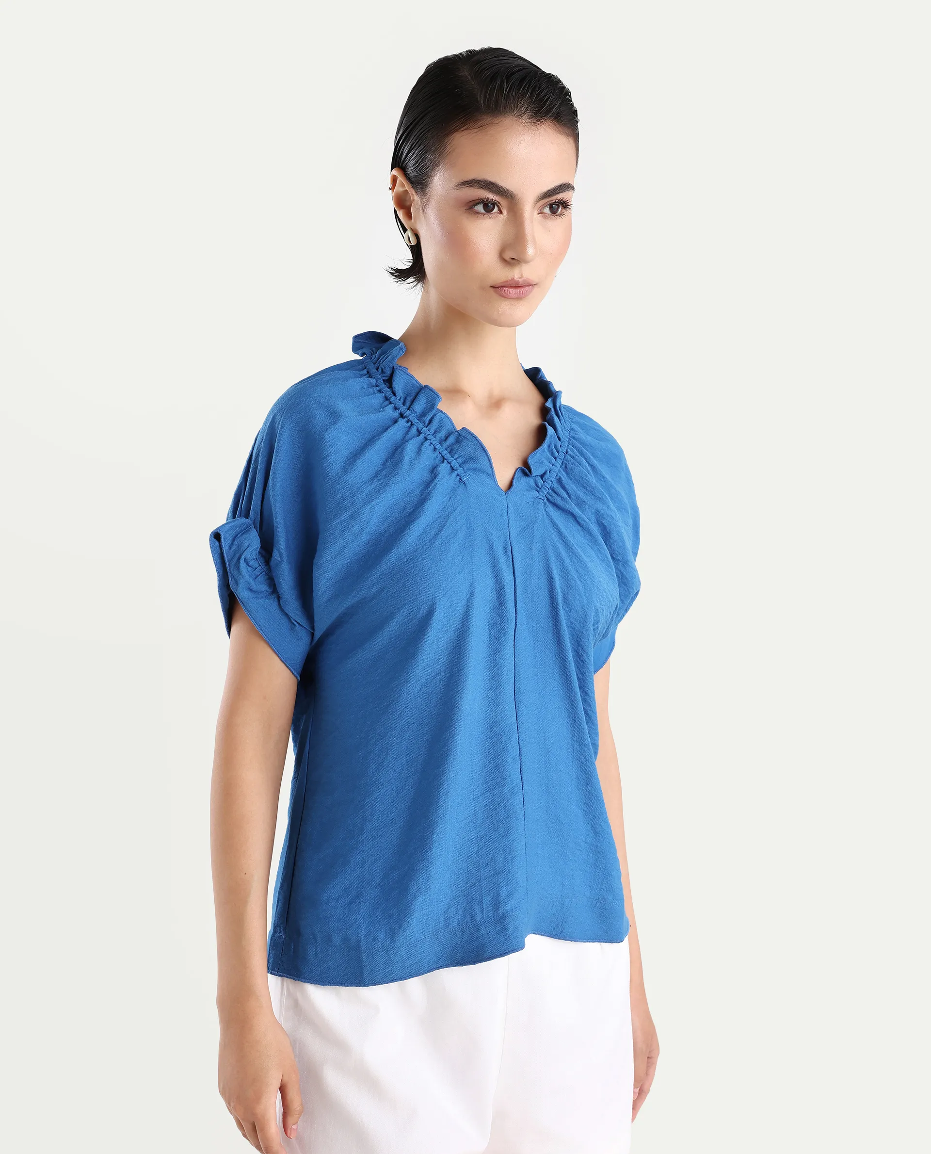 Rareism Women's Tichi Blue Viscose Blend V-Neck Plain Extended Sleeves Regular Fit Top - Image 6
