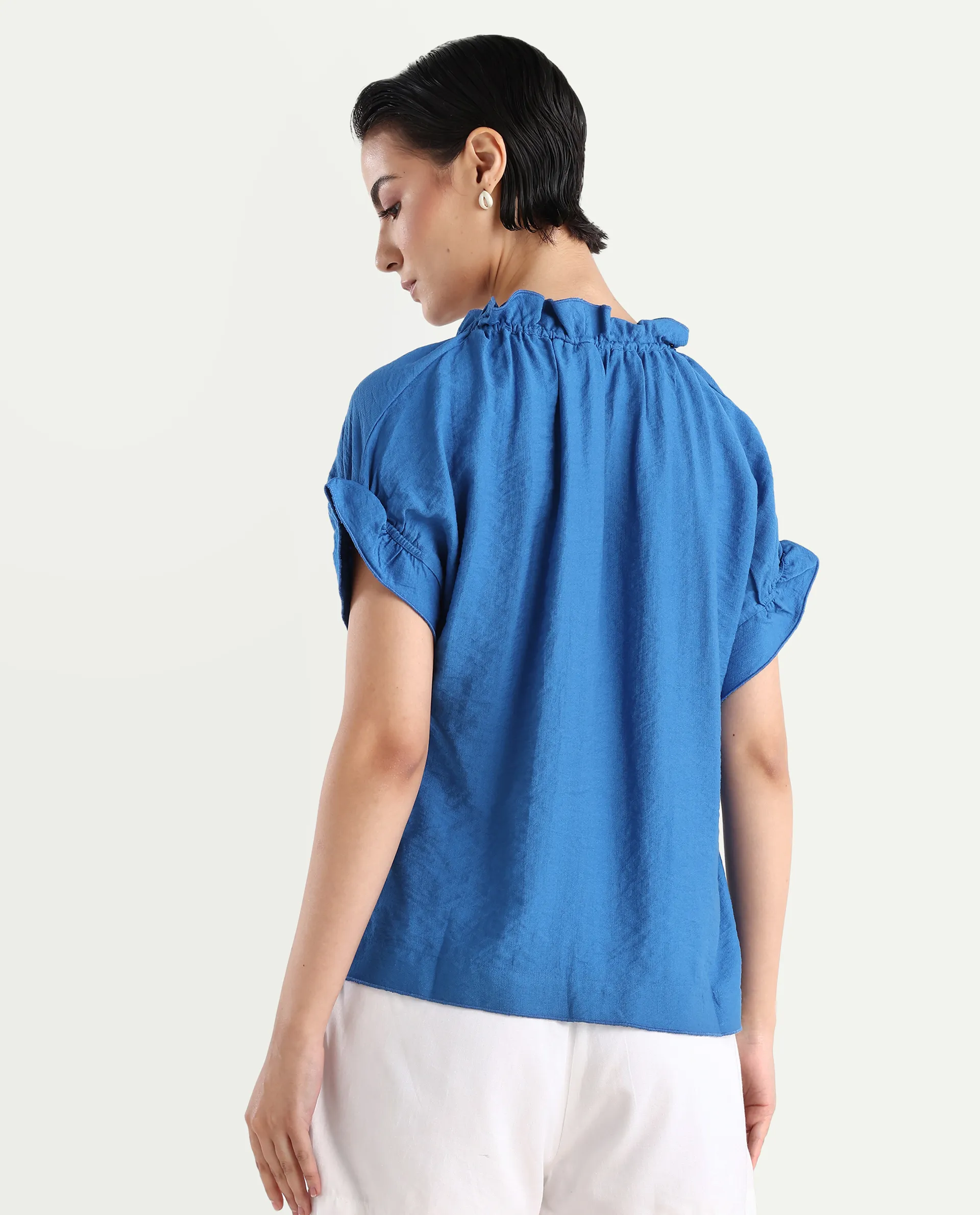 Rareism Women's Tichi Blue Viscose Blend V-Neck Plain Extended Sleeves Regular Fit Top - Image 7