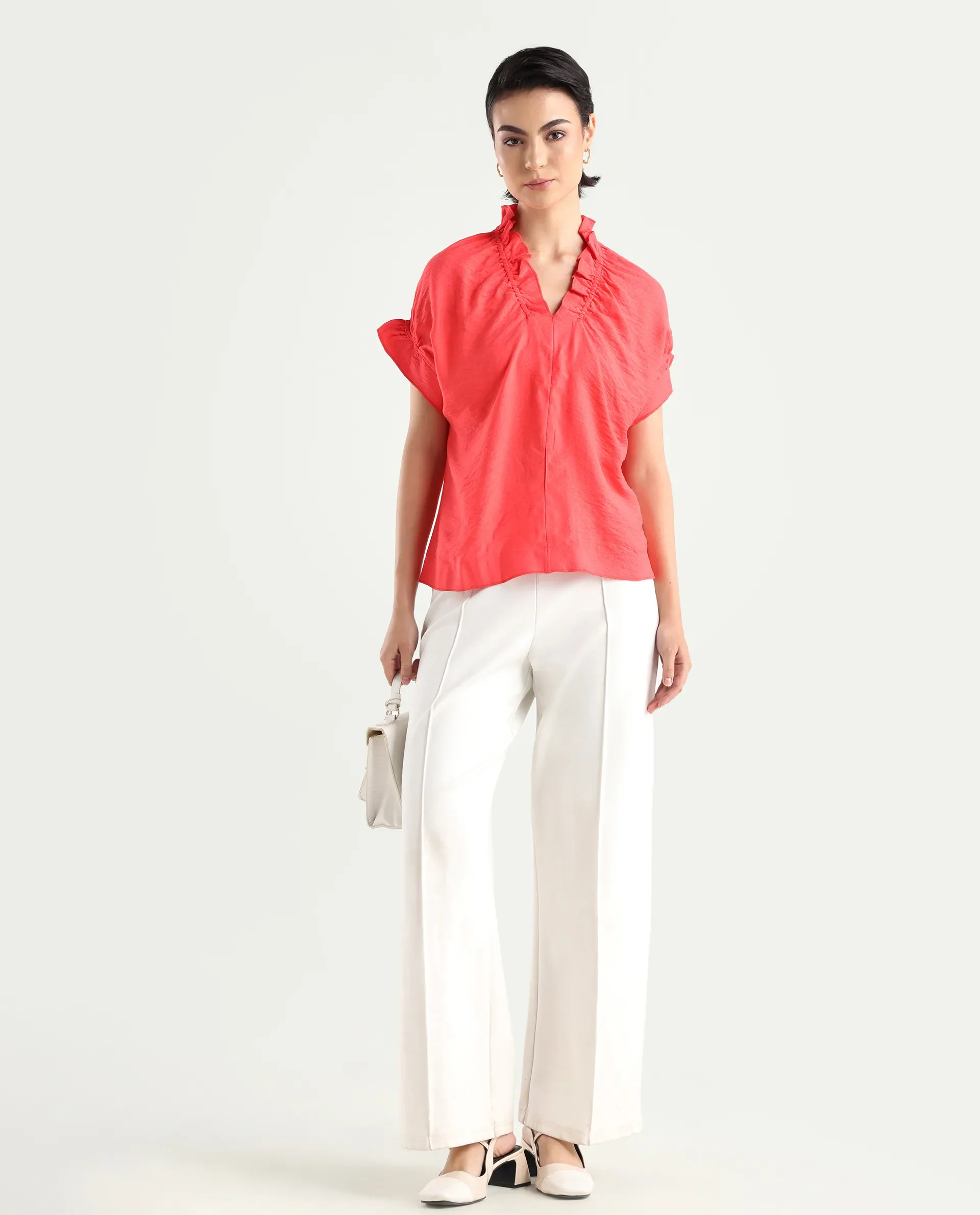 Rareism Women's Tichi Orange Viscose Blend V-Neck Plain Extended Sleeves Regular Fit Top - Image 2