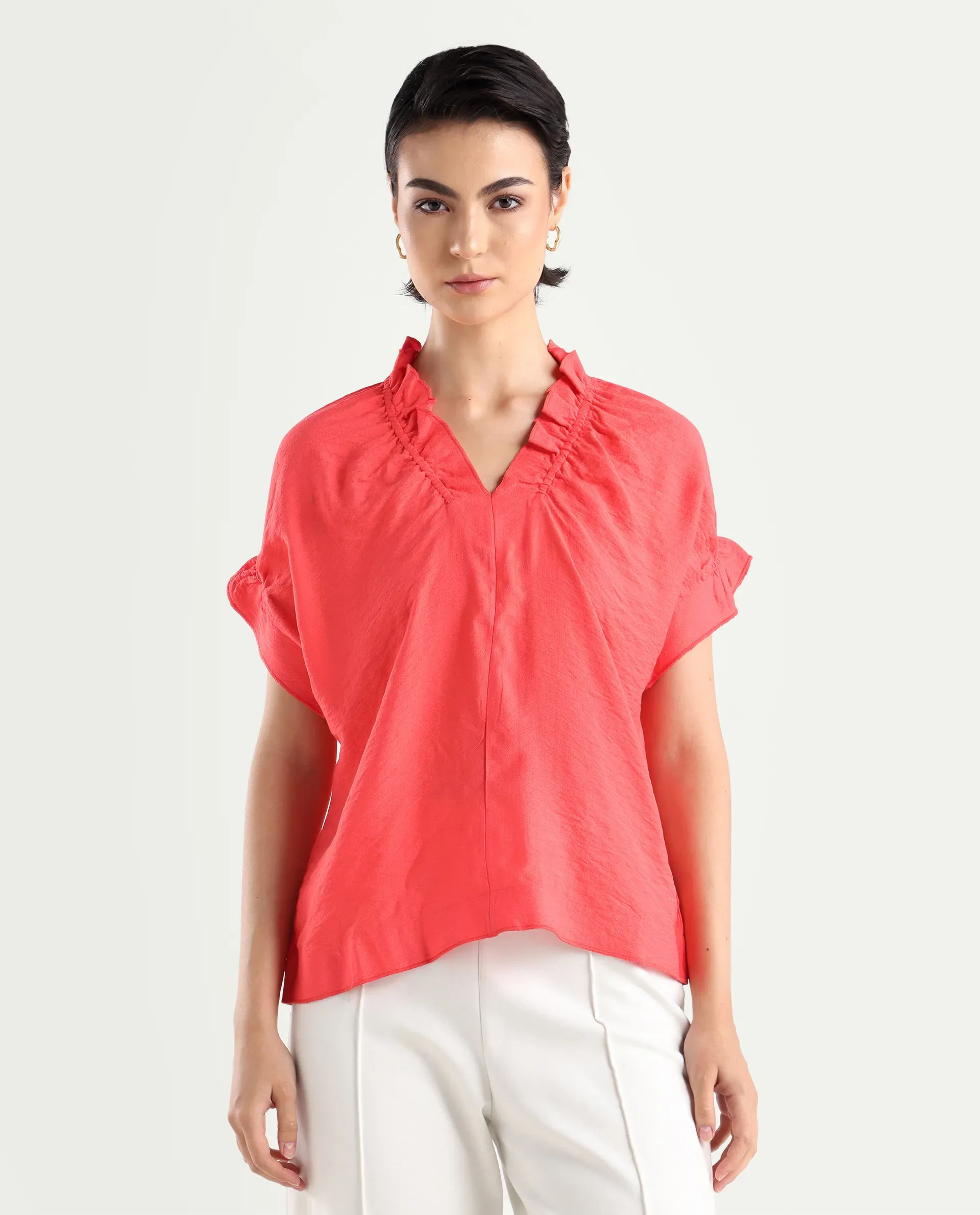 Rareism Women's Tichi Orange Viscose Blend V-Neck Plain Extended Sleeves Regular Fit Top - Image 3