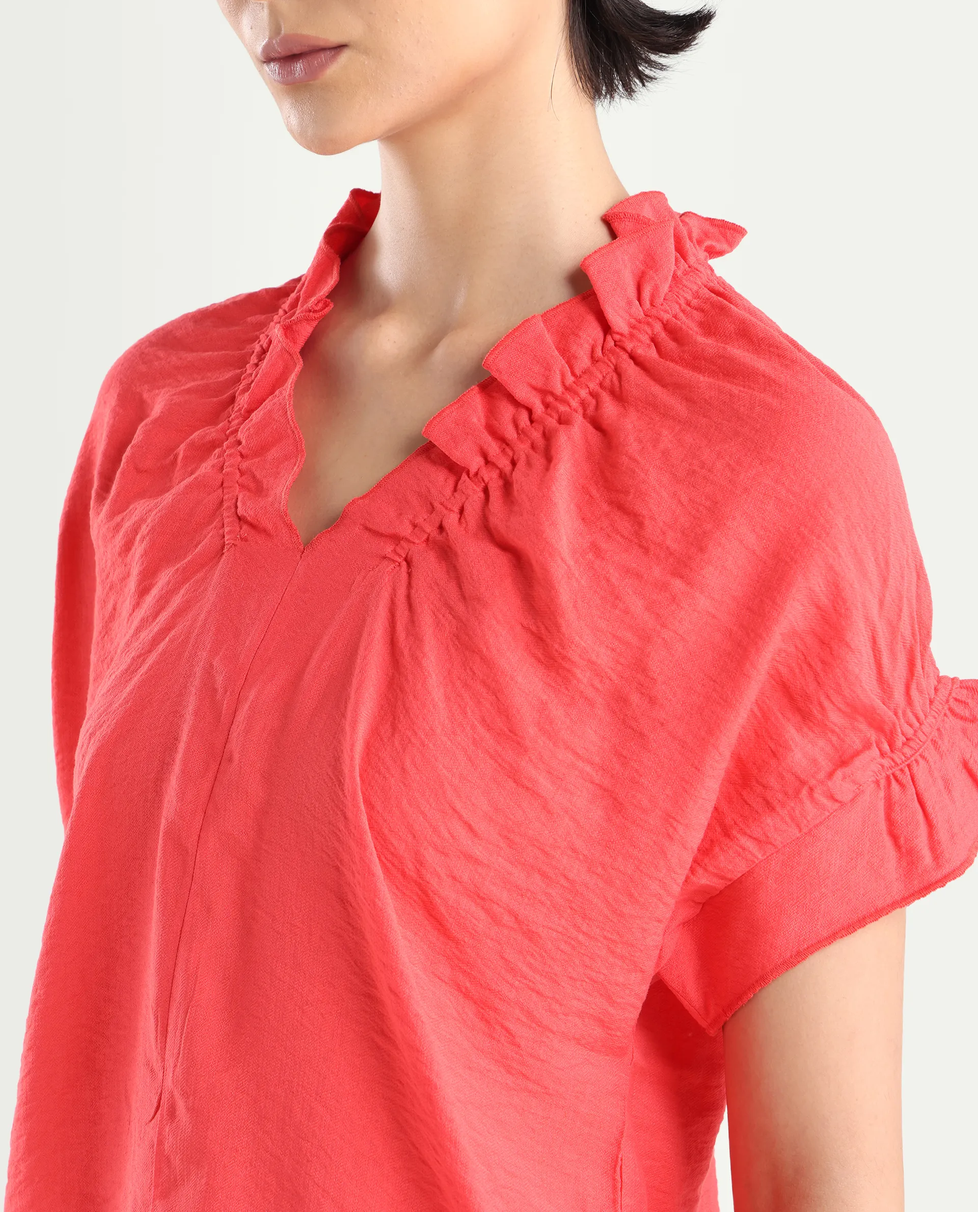 Rareism Women's Tichi Orange Viscose Blend V-Neck Plain Extended Sleeves Regular Fit Top - Image 4