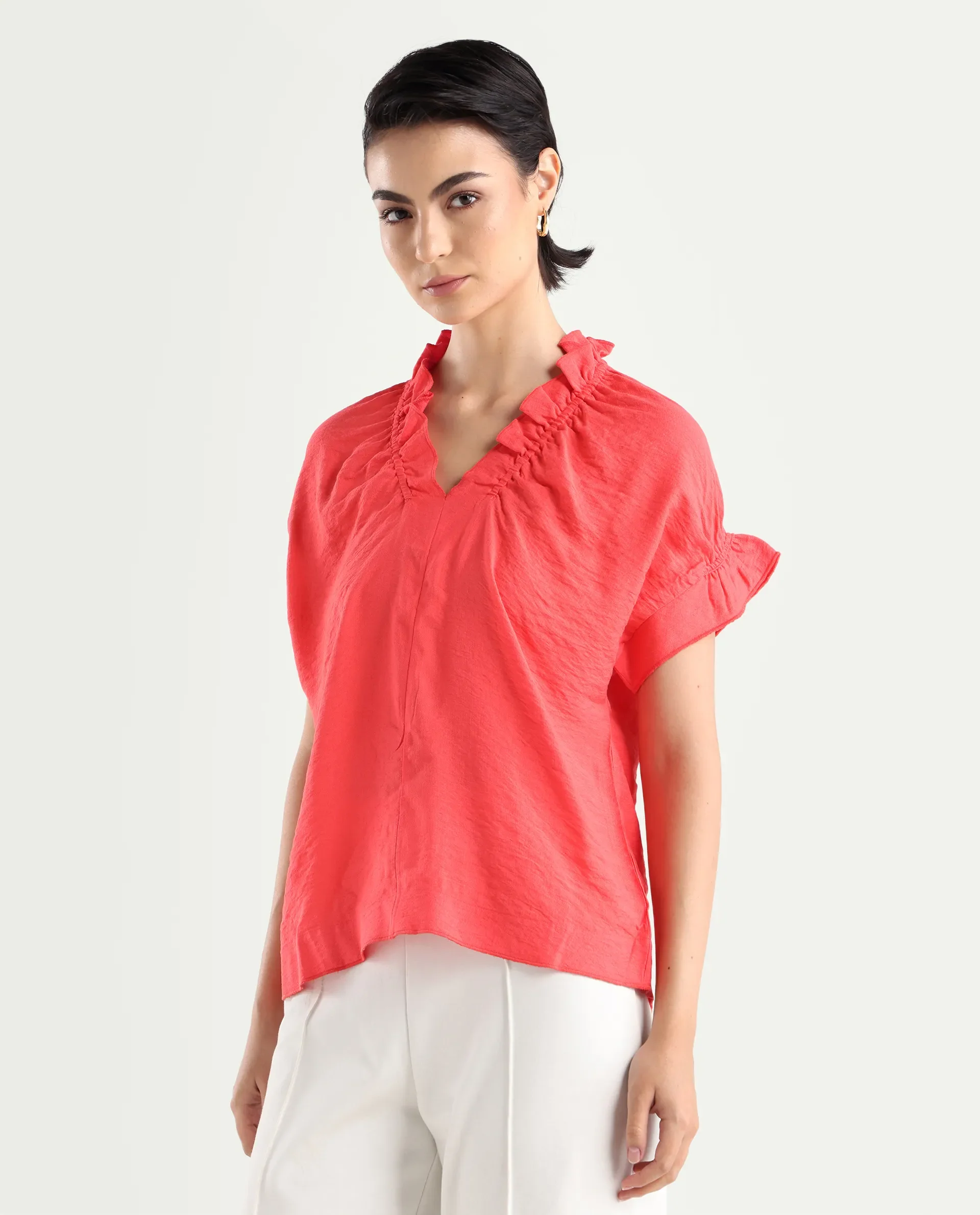 Rareism Women's Tichi Orange Viscose Blend V-Neck Plain Extended Sleeves Regular Fit Top - Image 5