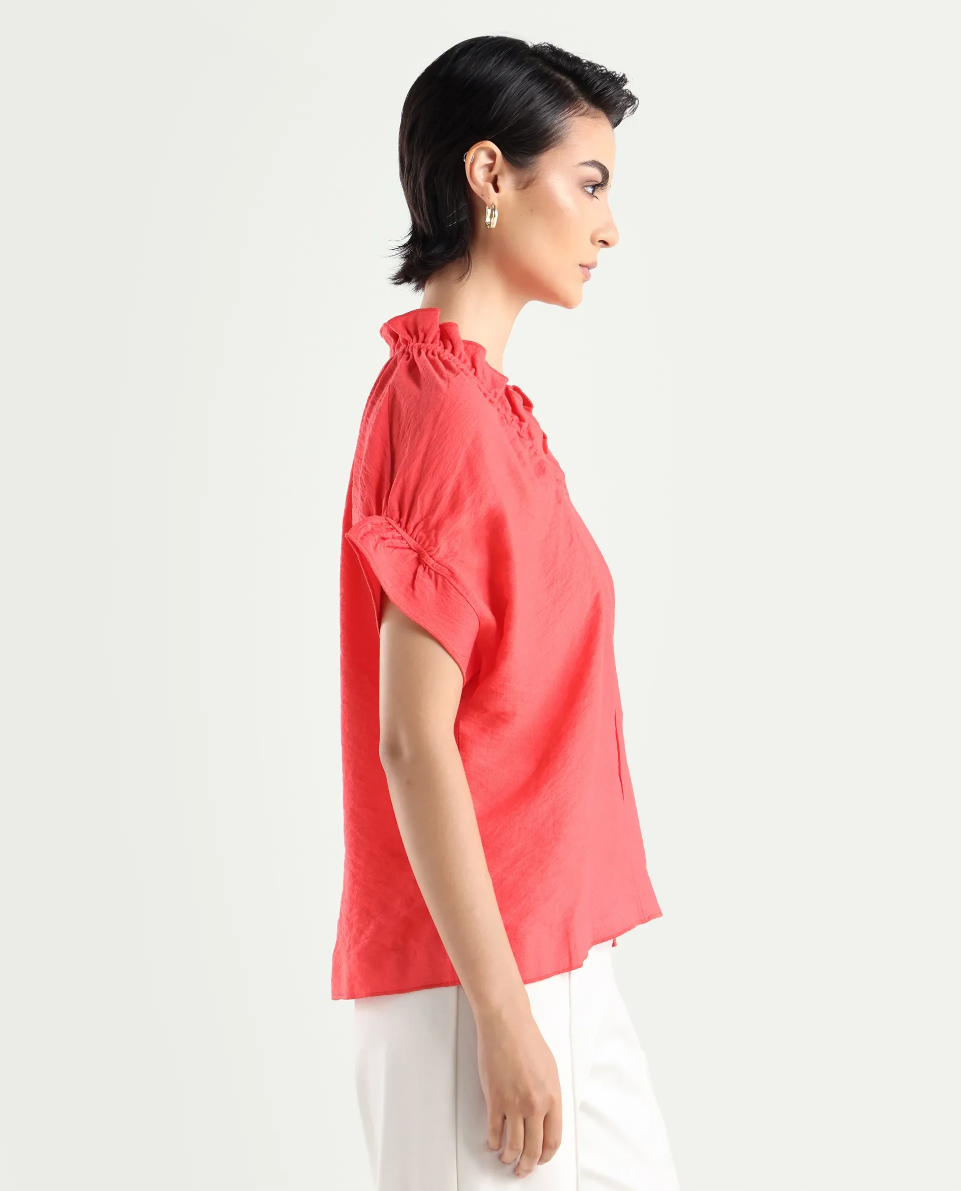 Rareism Women's Tichi Orange Viscose Blend V-Neck Plain Extended Sleeves Regular Fit Top - Image 6
