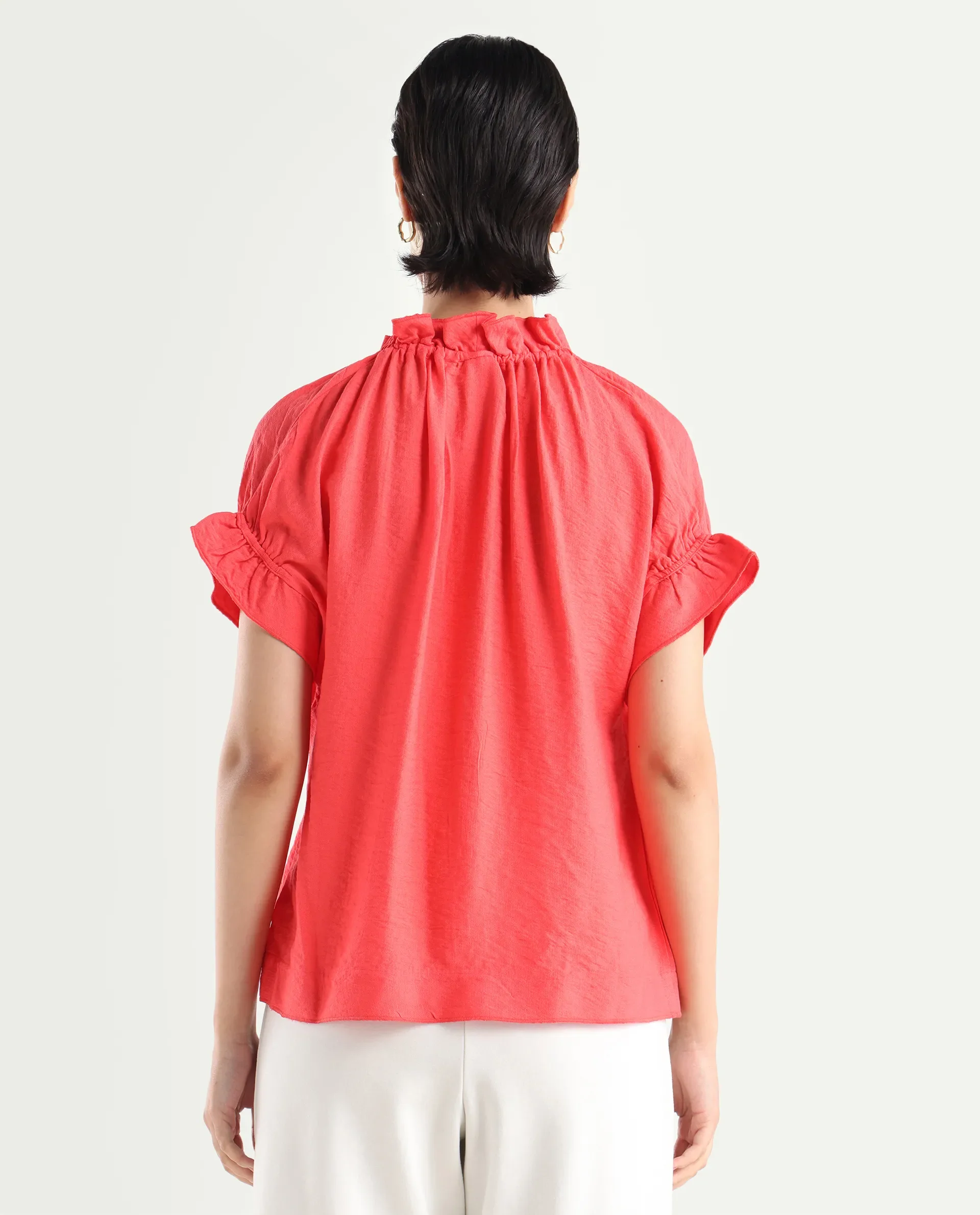 Rareism Women's Tichi Orange Viscose Blend V-Neck Plain Extended Sleeves Regular Fit Top - Image 7