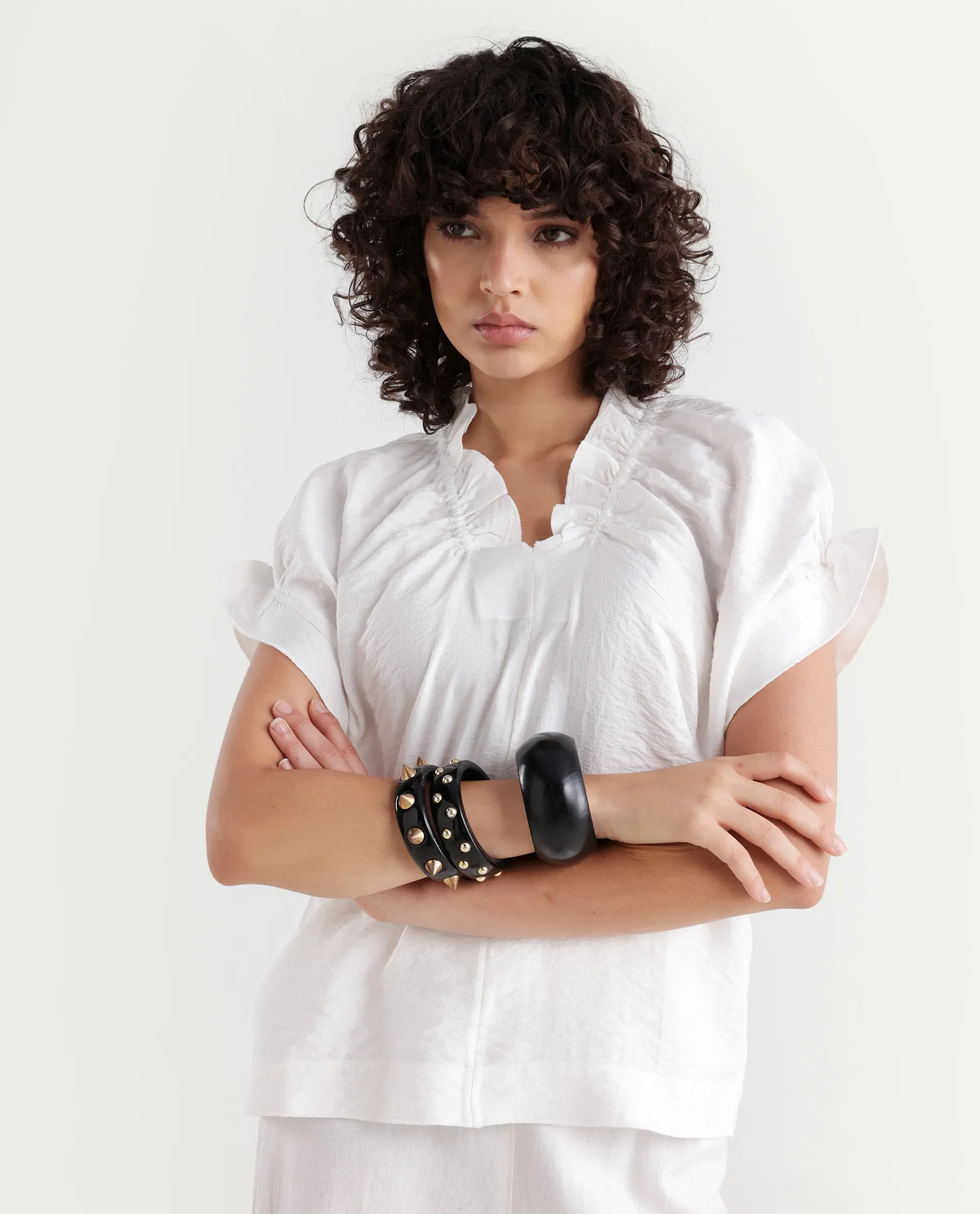 Rareism Women's Tichi White Viscose Blend V-Neck Plain Extended Sleeves Regular Fit Top