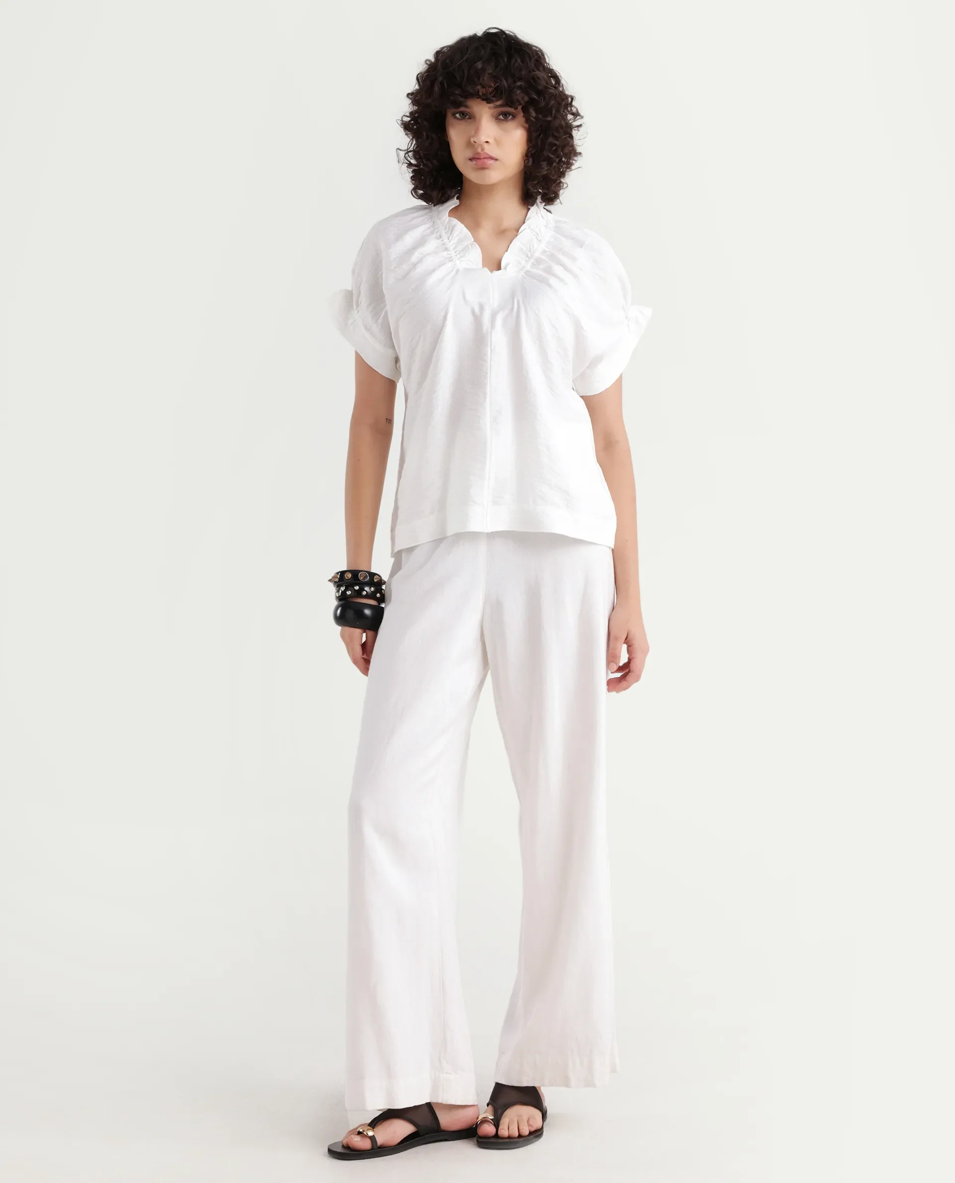 Rareism Women's Tichi White Viscose Blend V-Neck Plain Extended Sleeves Regular Fit Top - Image 2