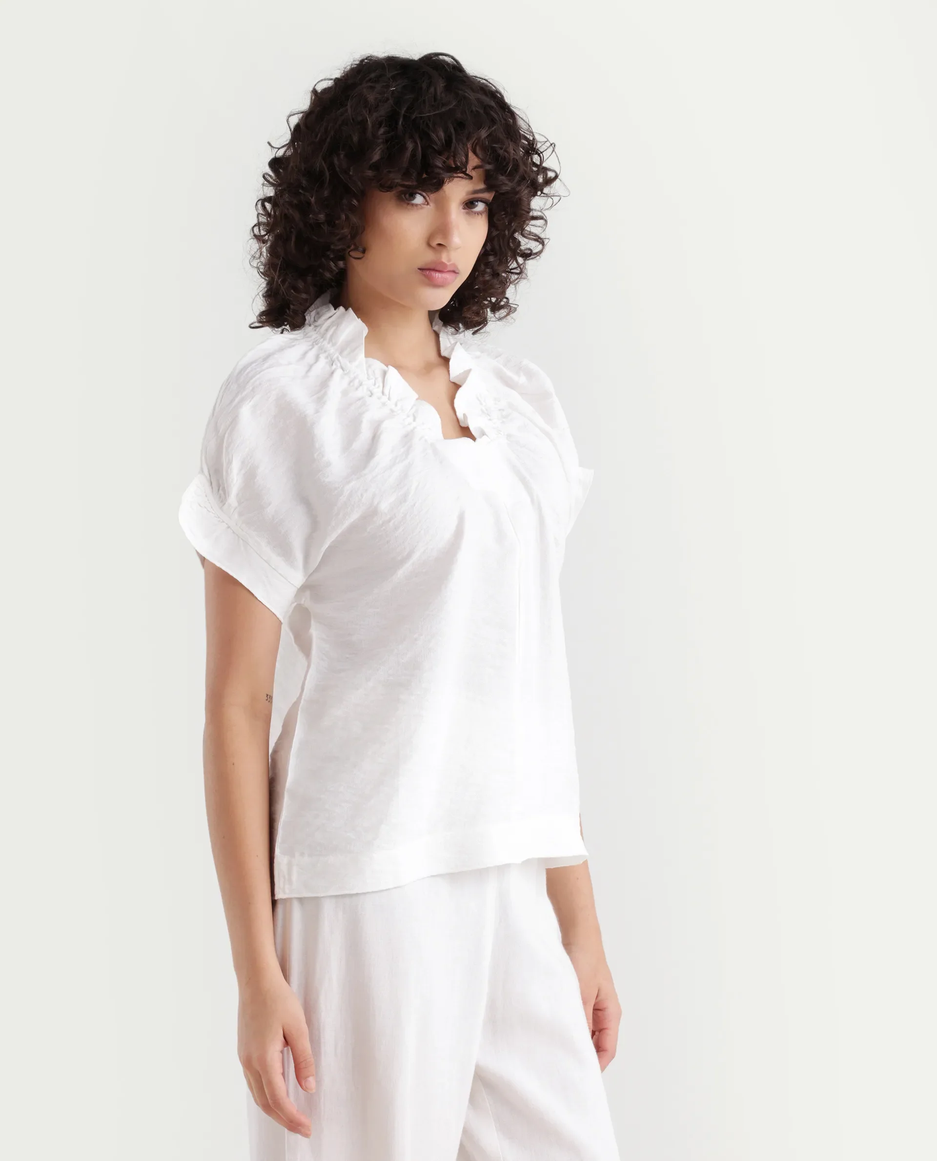 Rareism Women's Tichi White Viscose Blend V-Neck Plain Extended Sleeves Regular Fit Top - Image 6