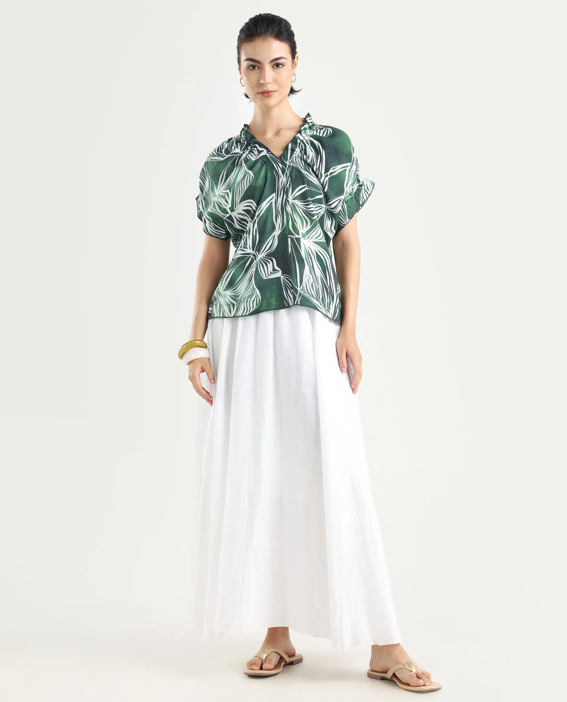 Rareism Women's Tichin Green Viscose Blend V-Neck Abstract Print Extended Sleeves Regular Fit Top - Image 2