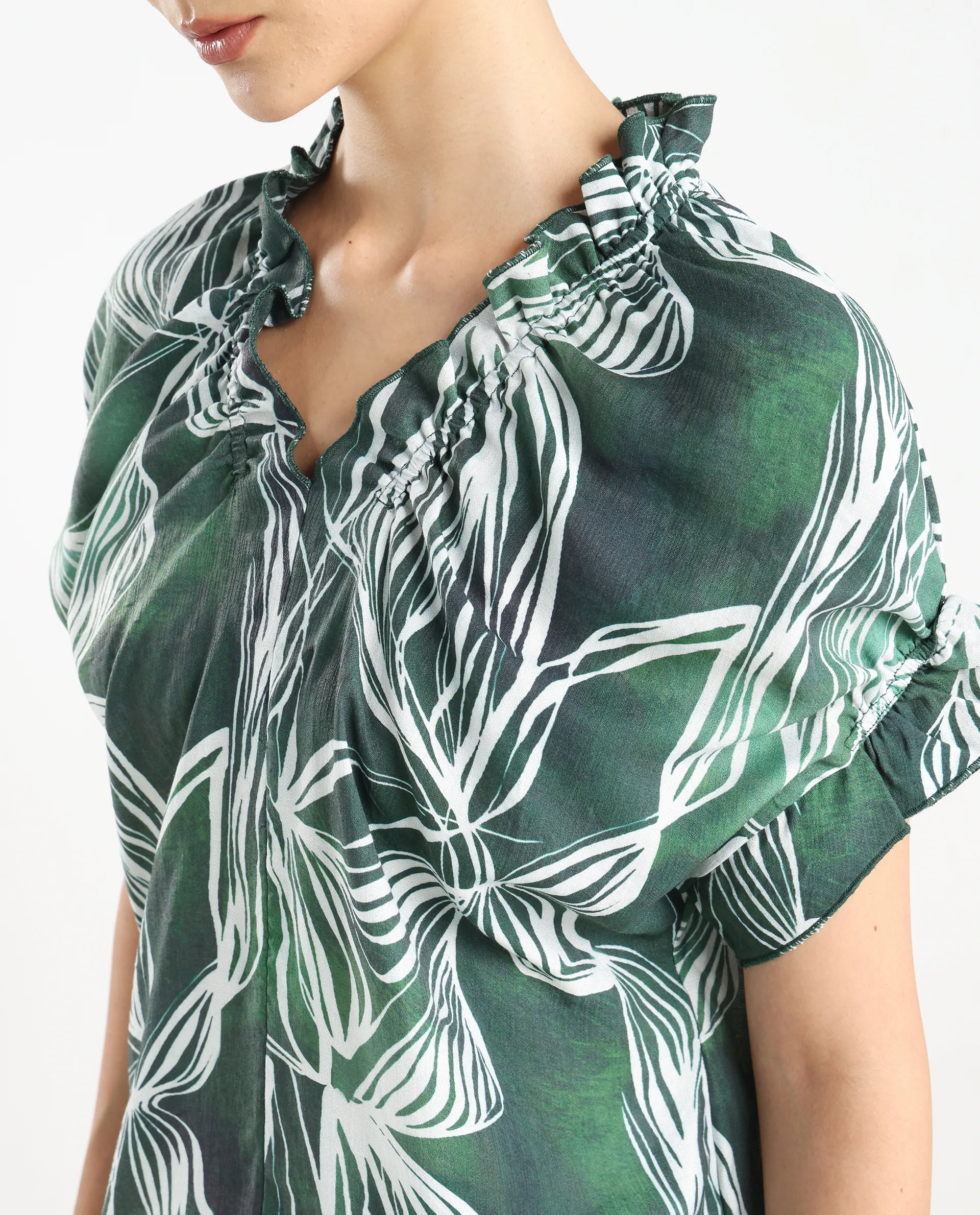 Rareism Women's Tichin Green Viscose Blend V-Neck Abstract Print Extended Sleeves Regular Fit Top - Image 4