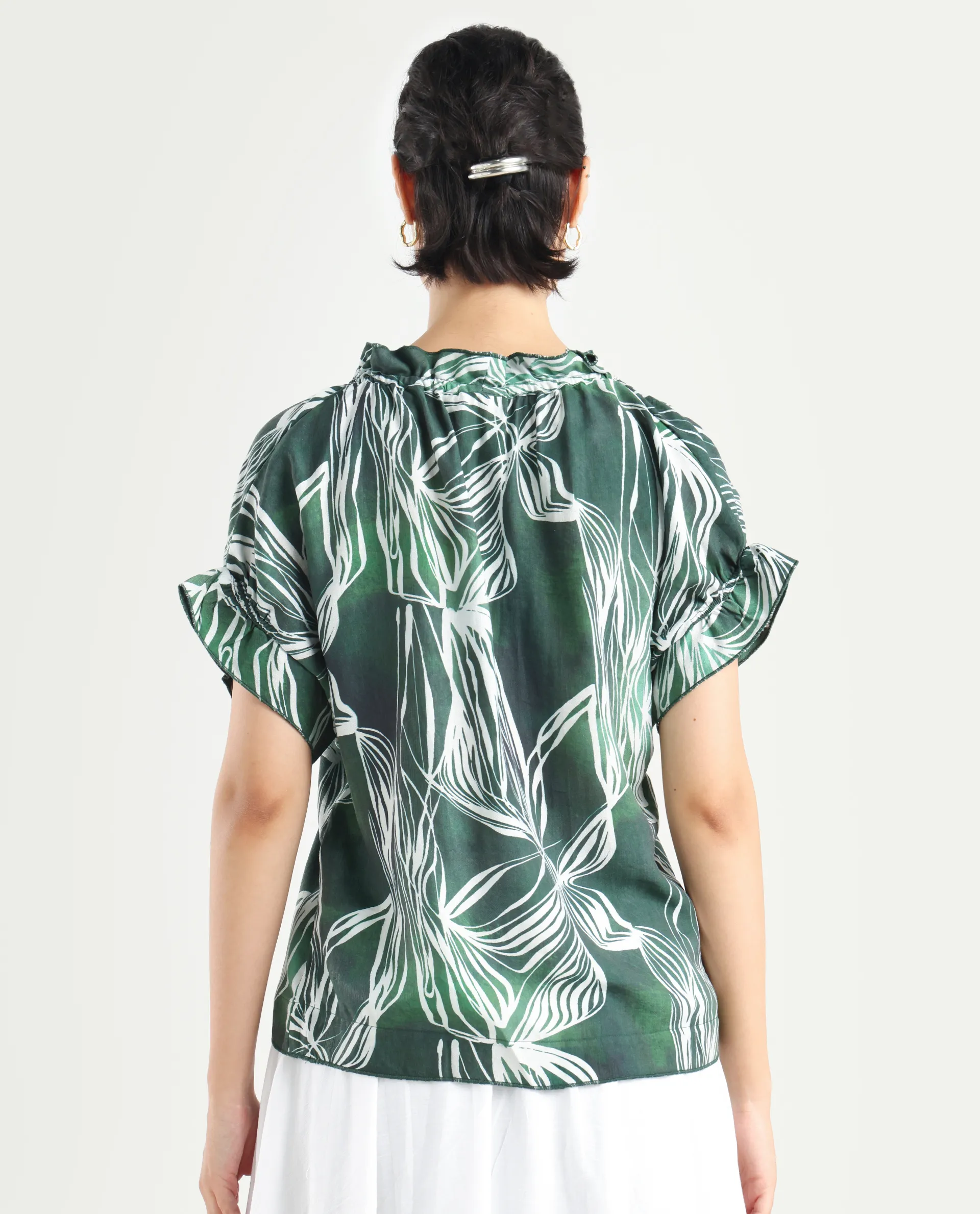 Rareism Women's Tichin Green Viscose Blend V-Neck Abstract Print Extended Sleeves Regular Fit Top - Image 7