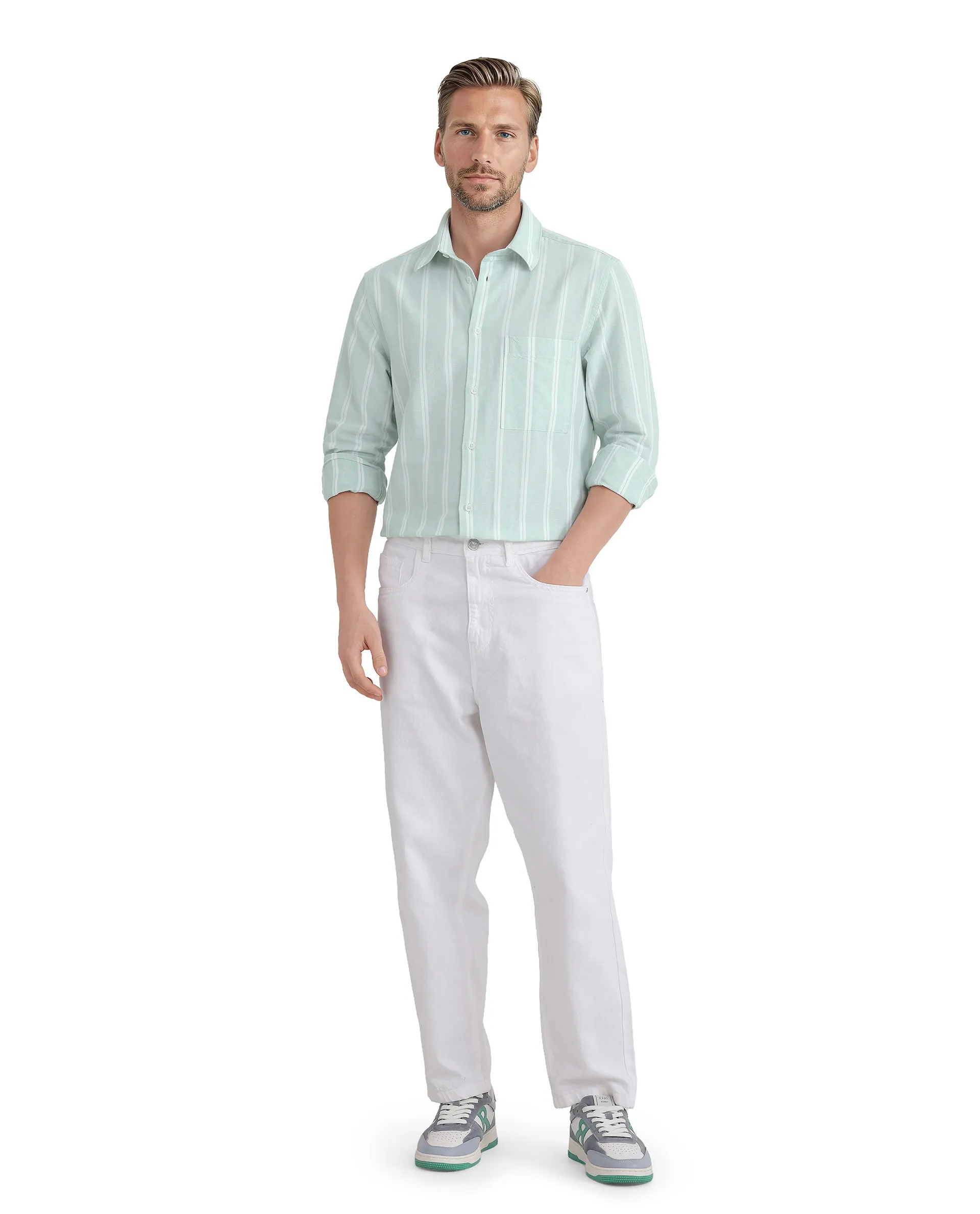 Rare Rabbit Men's Tico Pastel Green Cotton Striped Print Regular Fit Full Sleeve Collared Shirt - Image 2