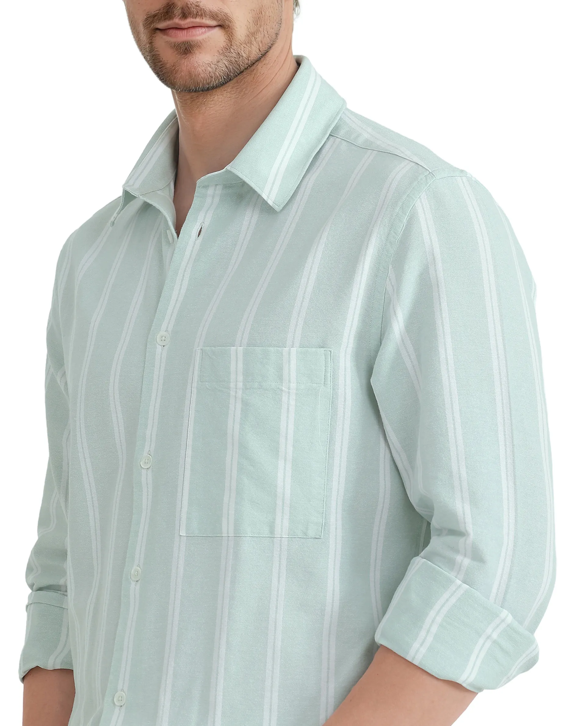 Rare Rabbit Men's Tico Pastel Green Cotton Striped Print Regular Fit Full Sleeve Collared Shirt - Image 3