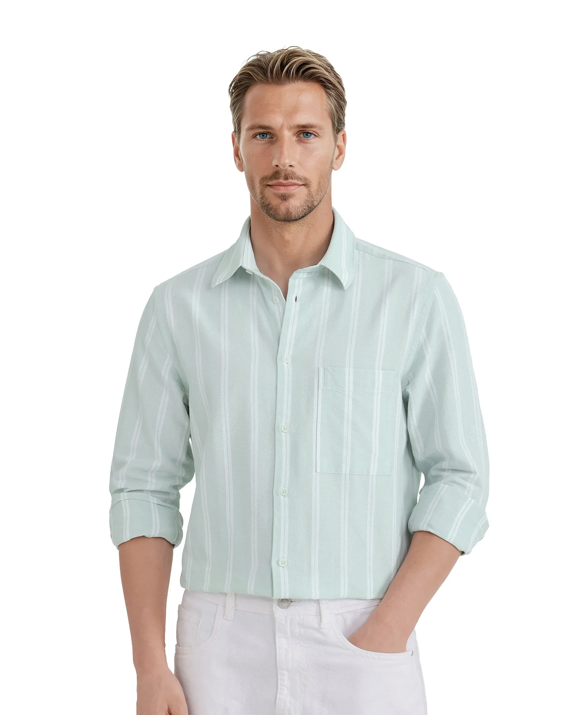 Rare Rabbit Men's Tico Pastel Green Cotton Striped Print Regular Fit Full Sleeve Collared Shirt - Image 5