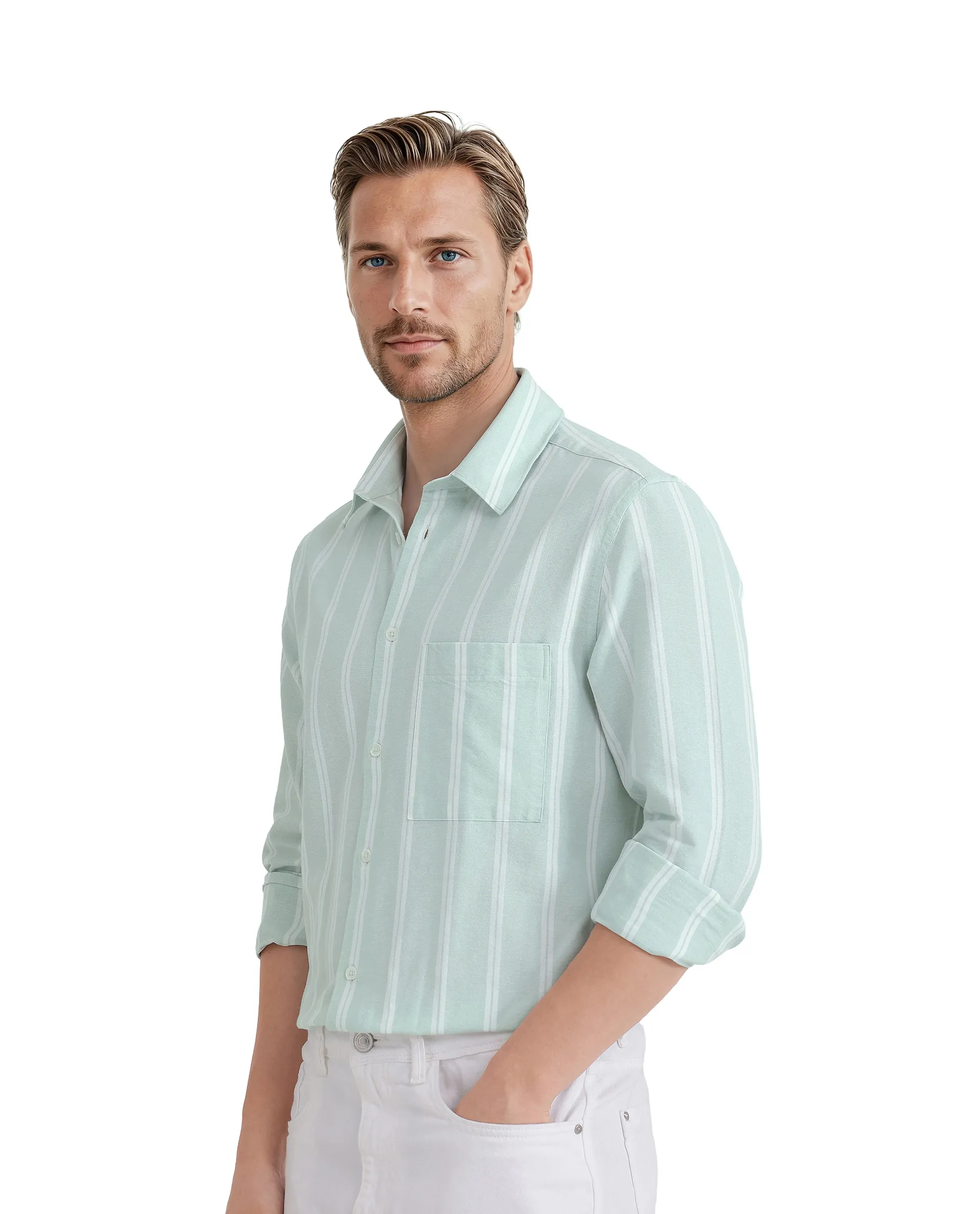 Rare Rabbit Men's Tico Pastel Green Cotton Striped Print Regular Fit Full Sleeve Collared Shirt - Image 7