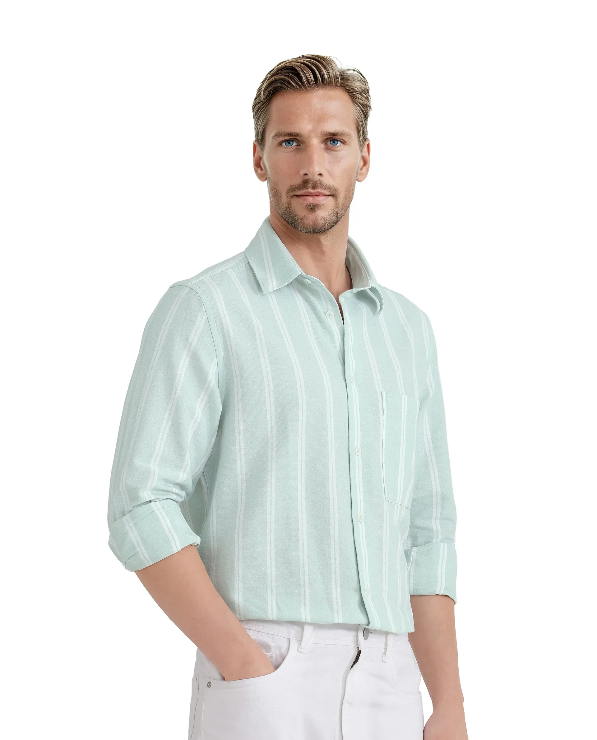 Rare Rabbit Men's Tico Pastel Green Cotton Striped Print Regular Fit Full Sleeve Collared Shirt - Image 8