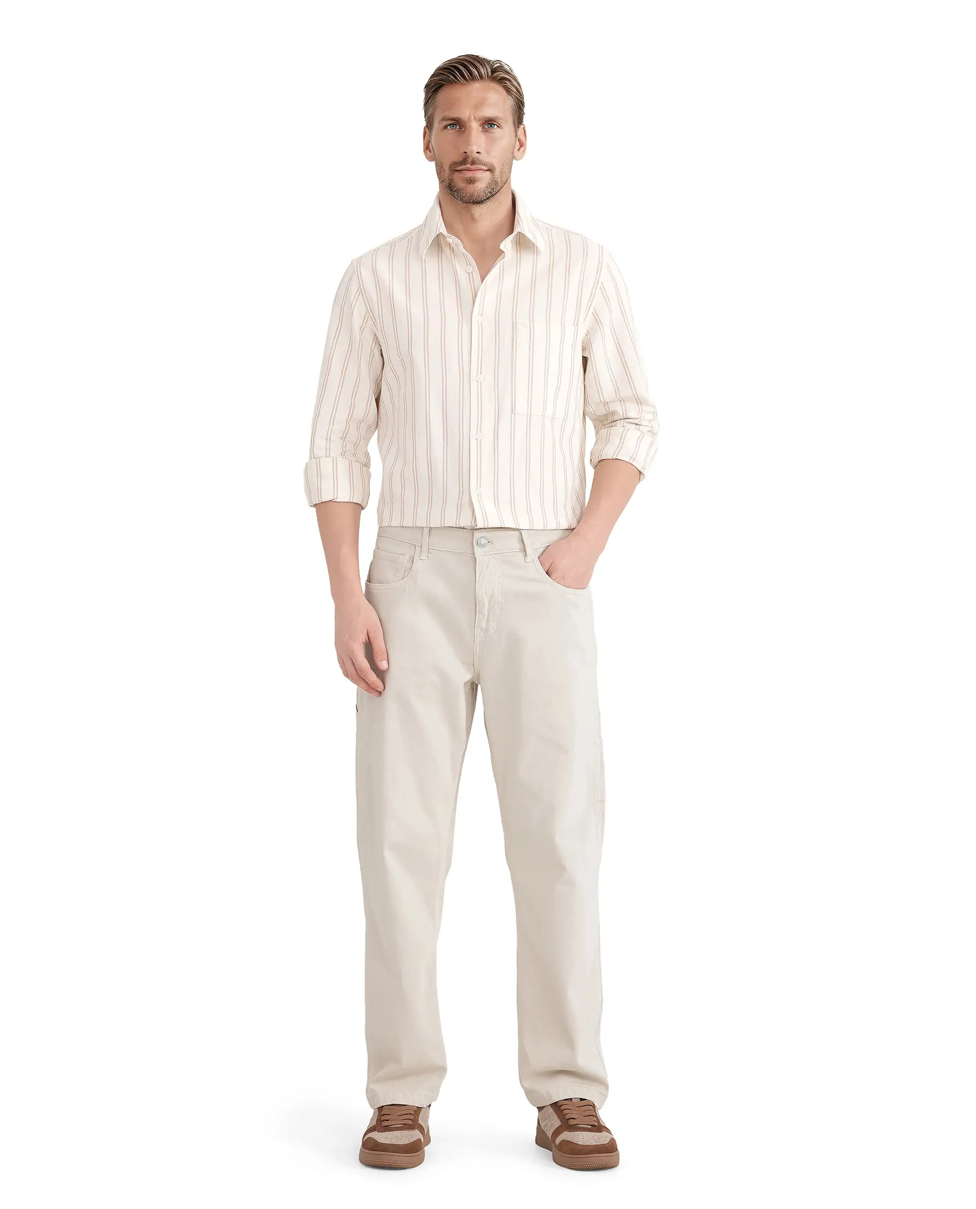Rare Rabbit Men's Tickob Beige Cotton Striped Print Regular Fit Full Sleeve Collared Shirt - Image 3