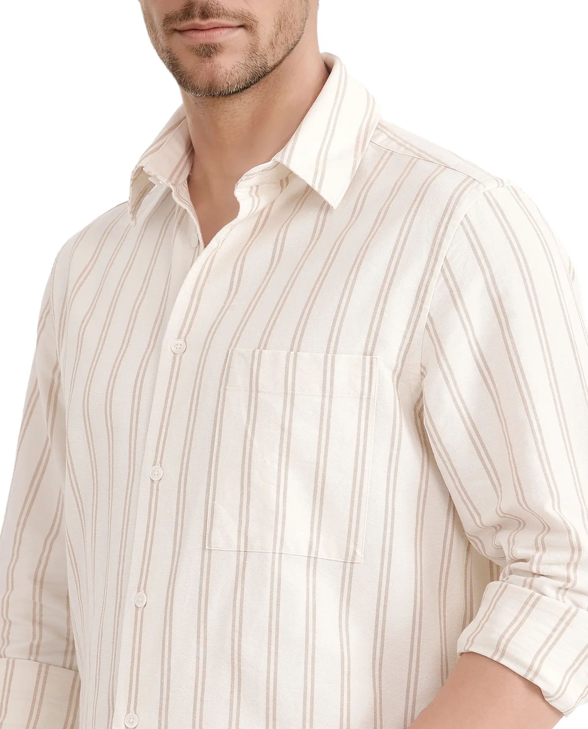 Rare Rabbit Men's Tickob Beige Cotton Striped Print Regular Fit Full Sleeve Collared Shirt - Image 4