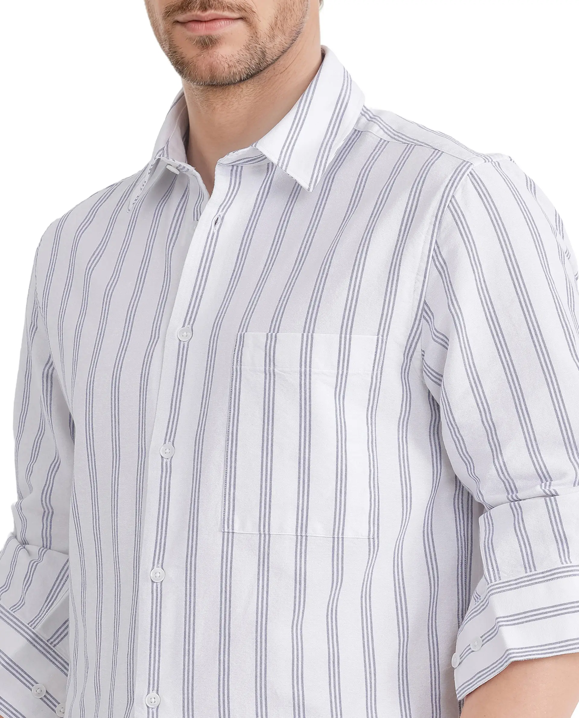 Rare Rabbit Men's Tickol White Cotton Striped Print Regular Fit Full Sleeve Collared Shirt - Image 3