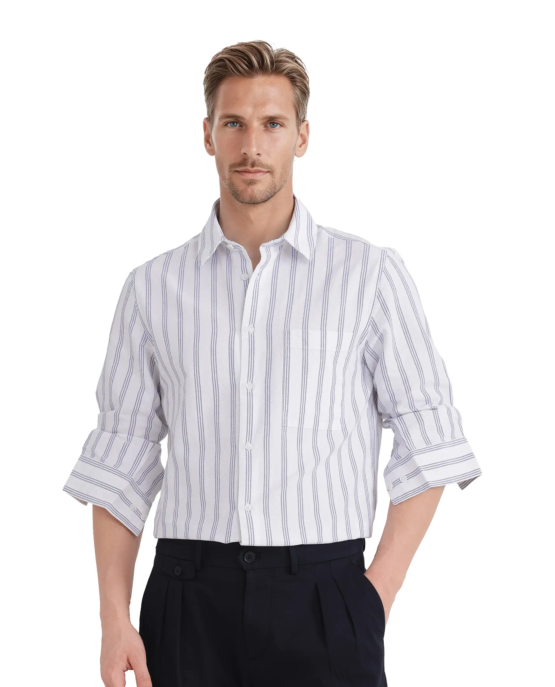 Rare Rabbit Men's Tickol White Cotton Striped Print Regular Fit Full Sleeve Collared Shirt - Image 8