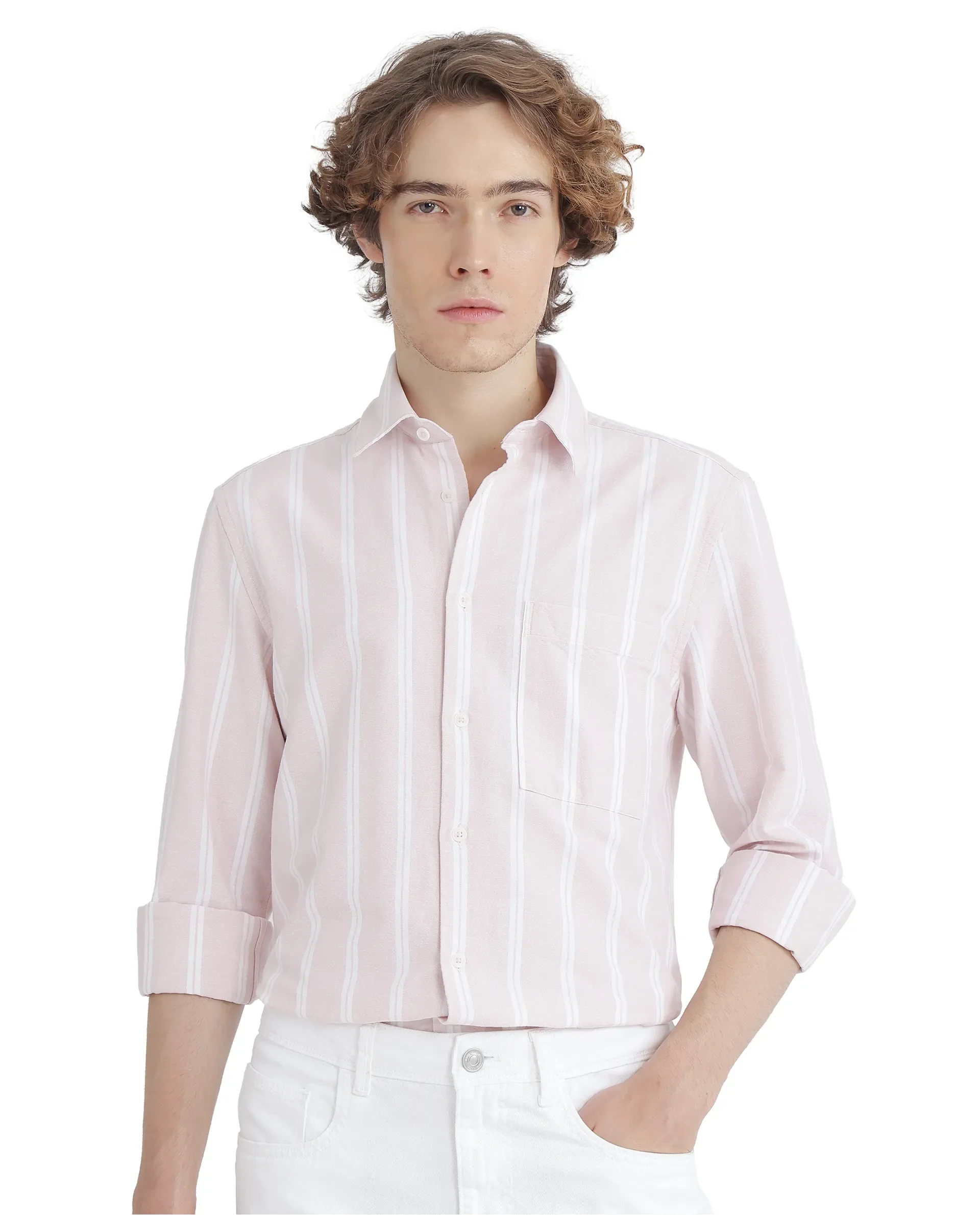 Rare Rabbit Men's Tickop Light Pink Cotton Striped Print Regular Fit Full Sleeve Collared Shirt - Image 2