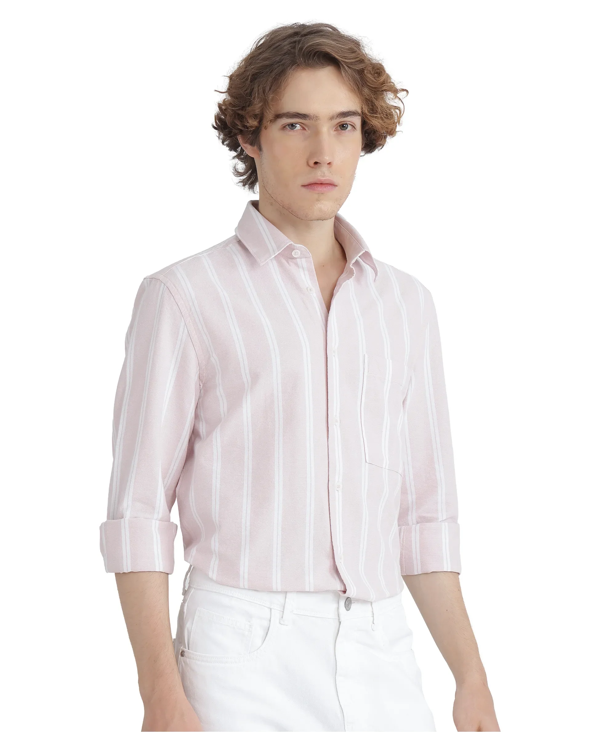 Rare Rabbit Men's Tickop Light Pink Cotton Striped Print Regular Fit Full Sleeve Collared Shirt - Image 3