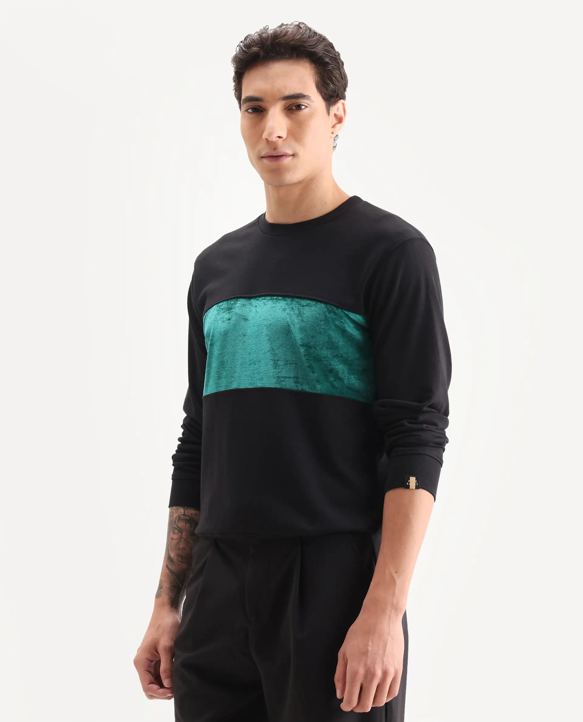 Rare Rabbit Men's Tide Black Velvet Ombre Regular Fit Full Sleeve Crew Neck Sweatshirt - Image 5