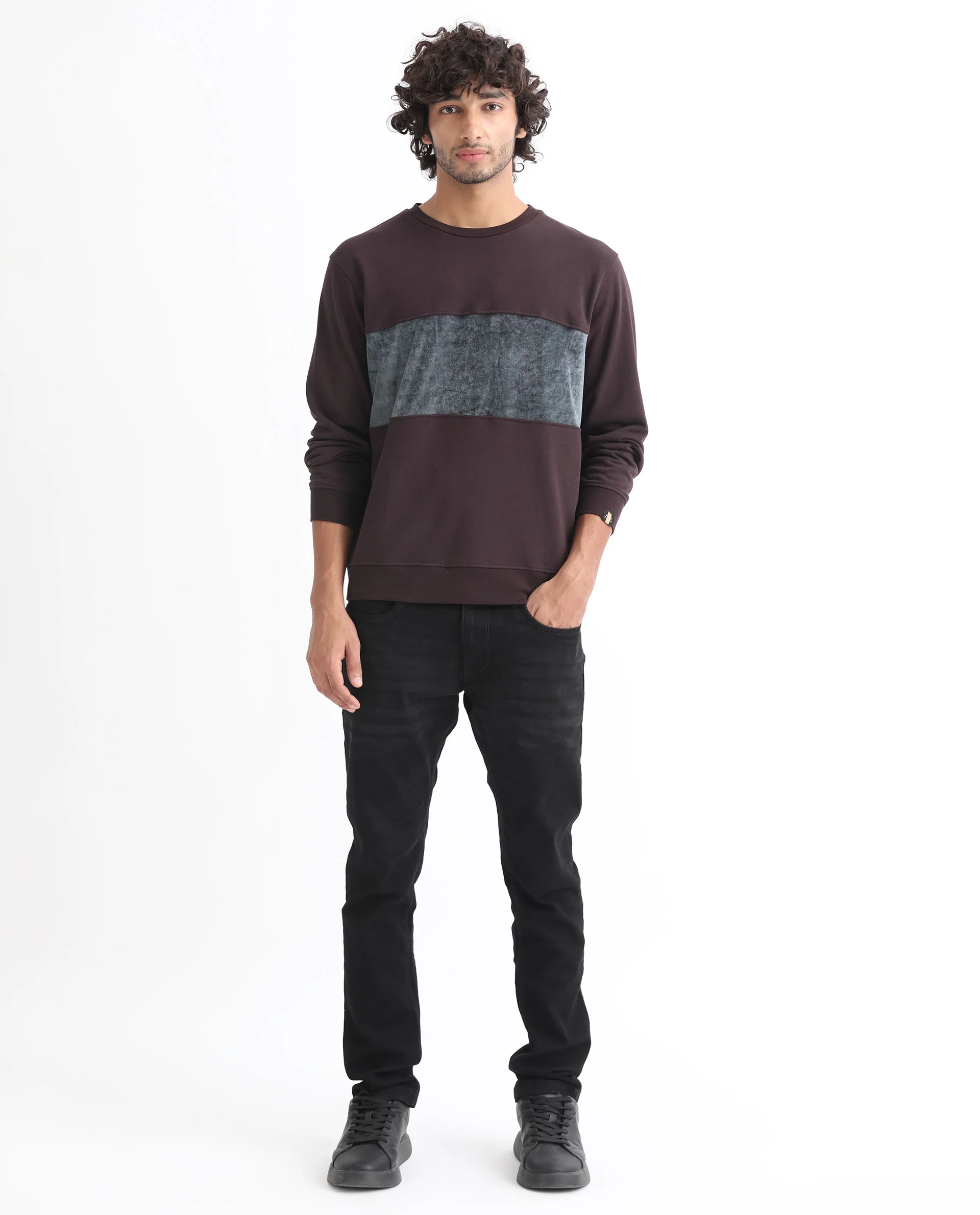 Rare Rabbit Men's Tide Maroon Velvet Ombre Regular Fit Full Sleeve Crew Neck Sweatshirt - Image 3