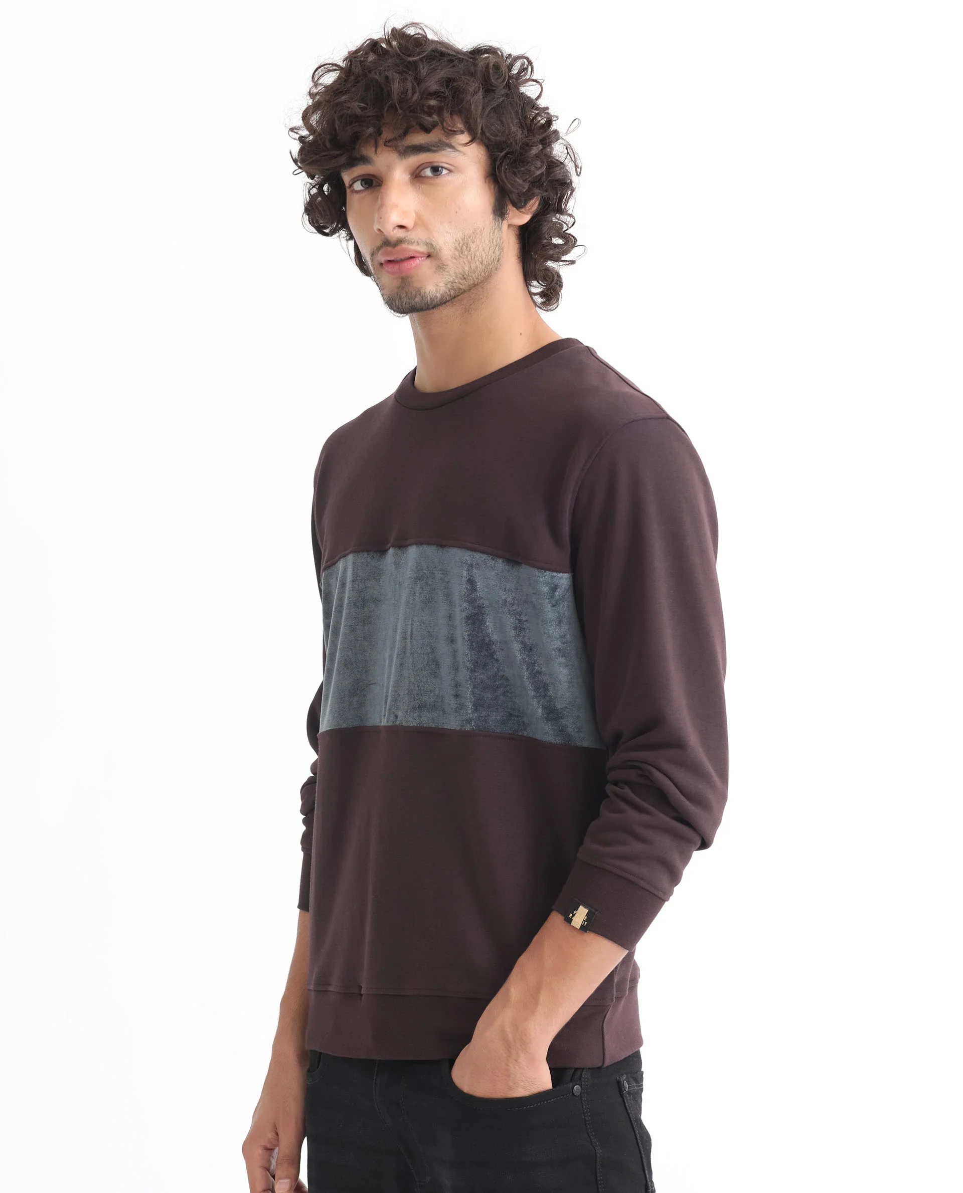 Rare Rabbit Men's Tide Maroon Velvet Ombre Regular Fit Full Sleeve Crew Neck Sweatshirt - Image 5