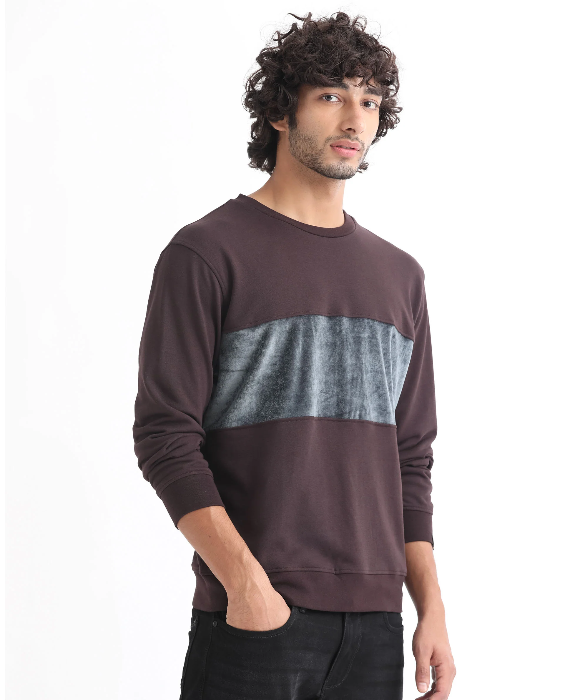 Rare Rabbit Men's Tide Maroon Velvet Ombre Regular Fit Full Sleeve Crew Neck Sweatshirt - Image 6