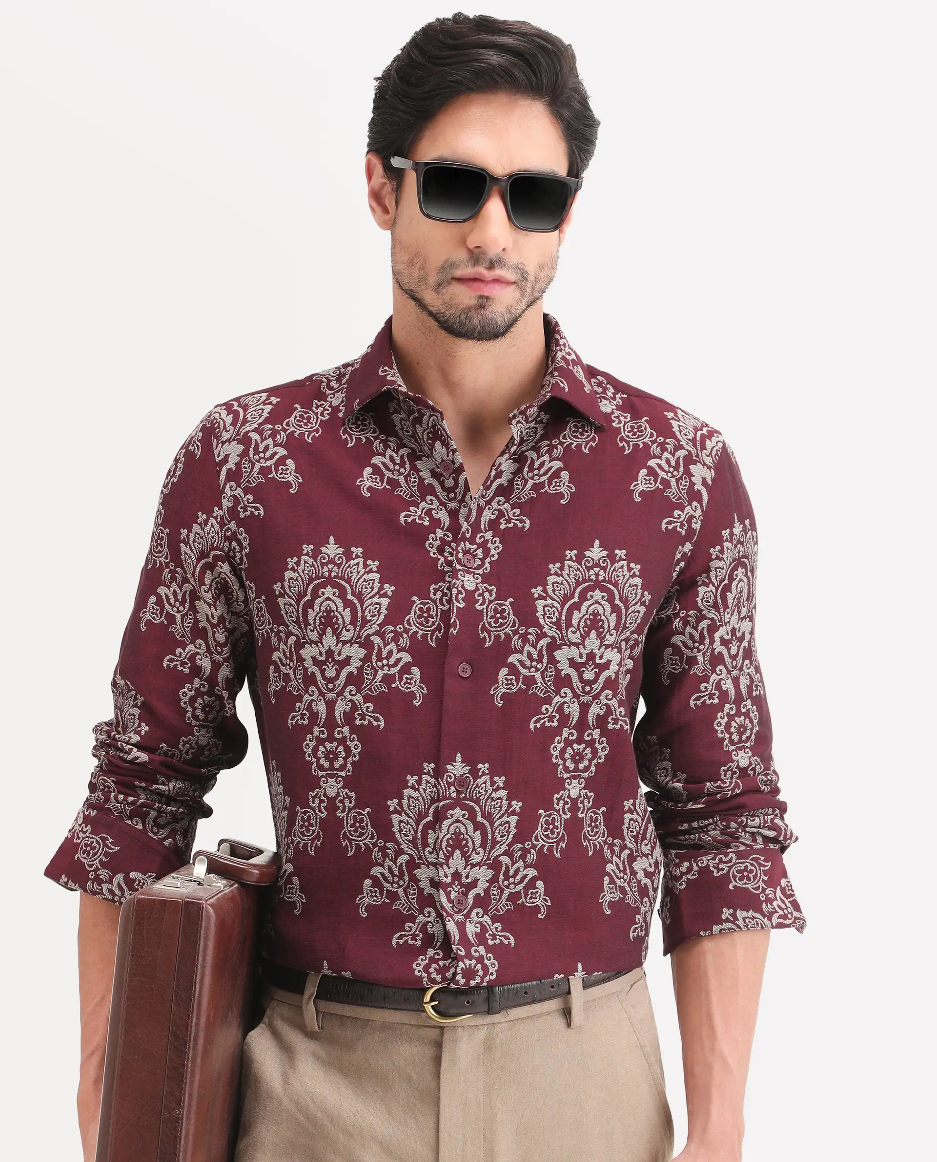 Rare Rabbit Men's Tiel Red Cotton Fabric Full Sleeve Spread Collar Button Regular Fit Jacquard Shirt